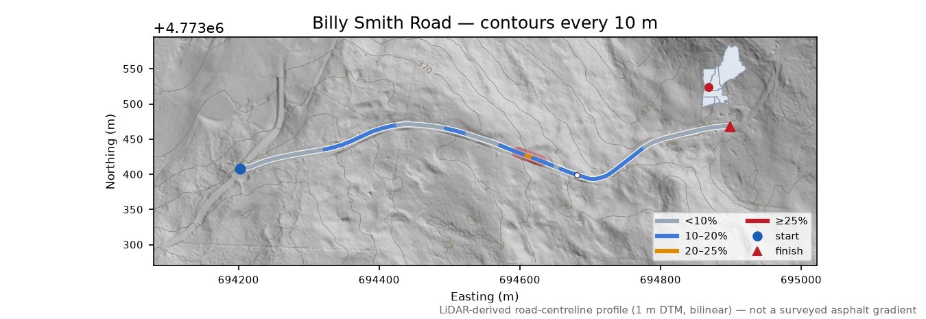 Billy Smith Road LiDAR hillshade map with contours