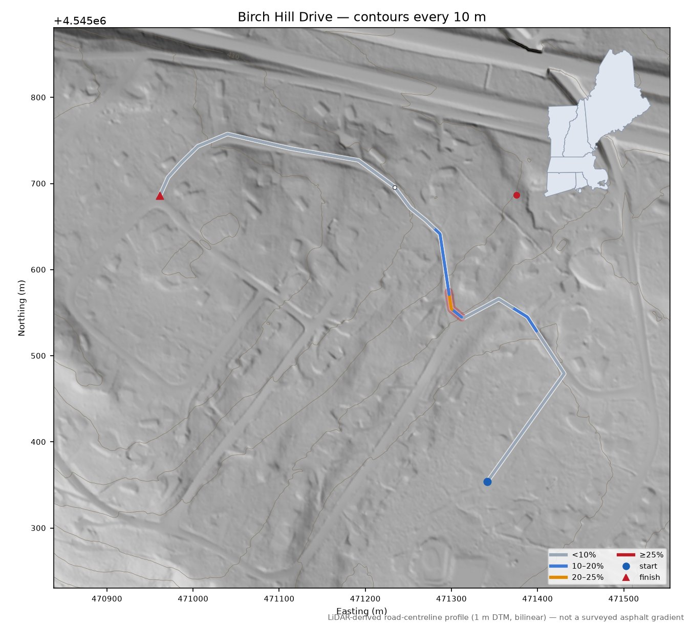 Birch Hill Drive LiDAR hillshade map with contours