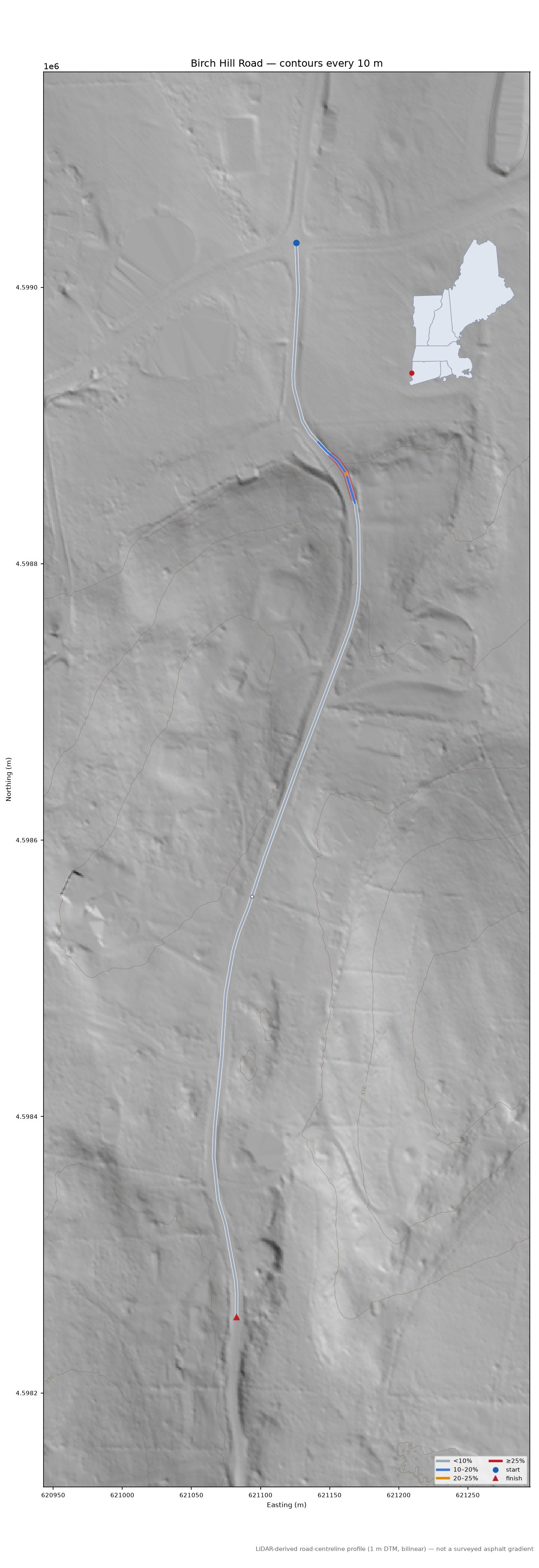 Birch Hill Road LiDAR hillshade map with contours