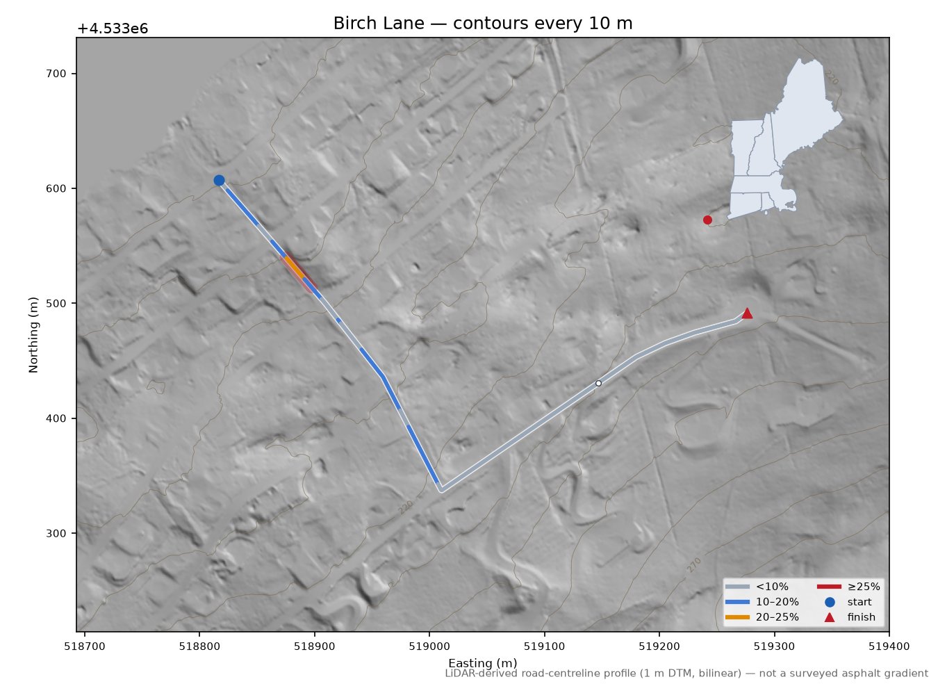 Birch Lane LiDAR hillshade map with contours
