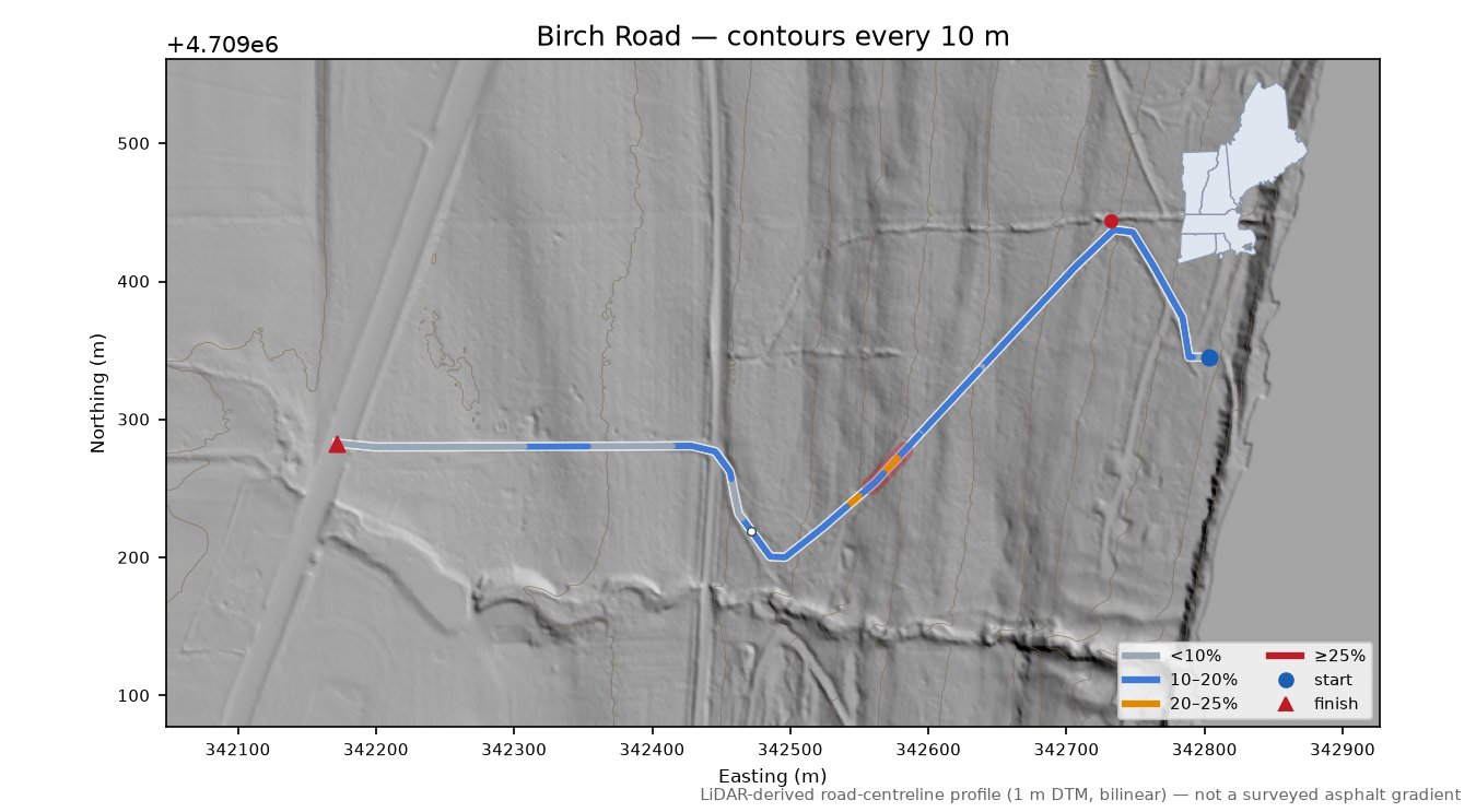 Birch Road LiDAR hillshade map with contours