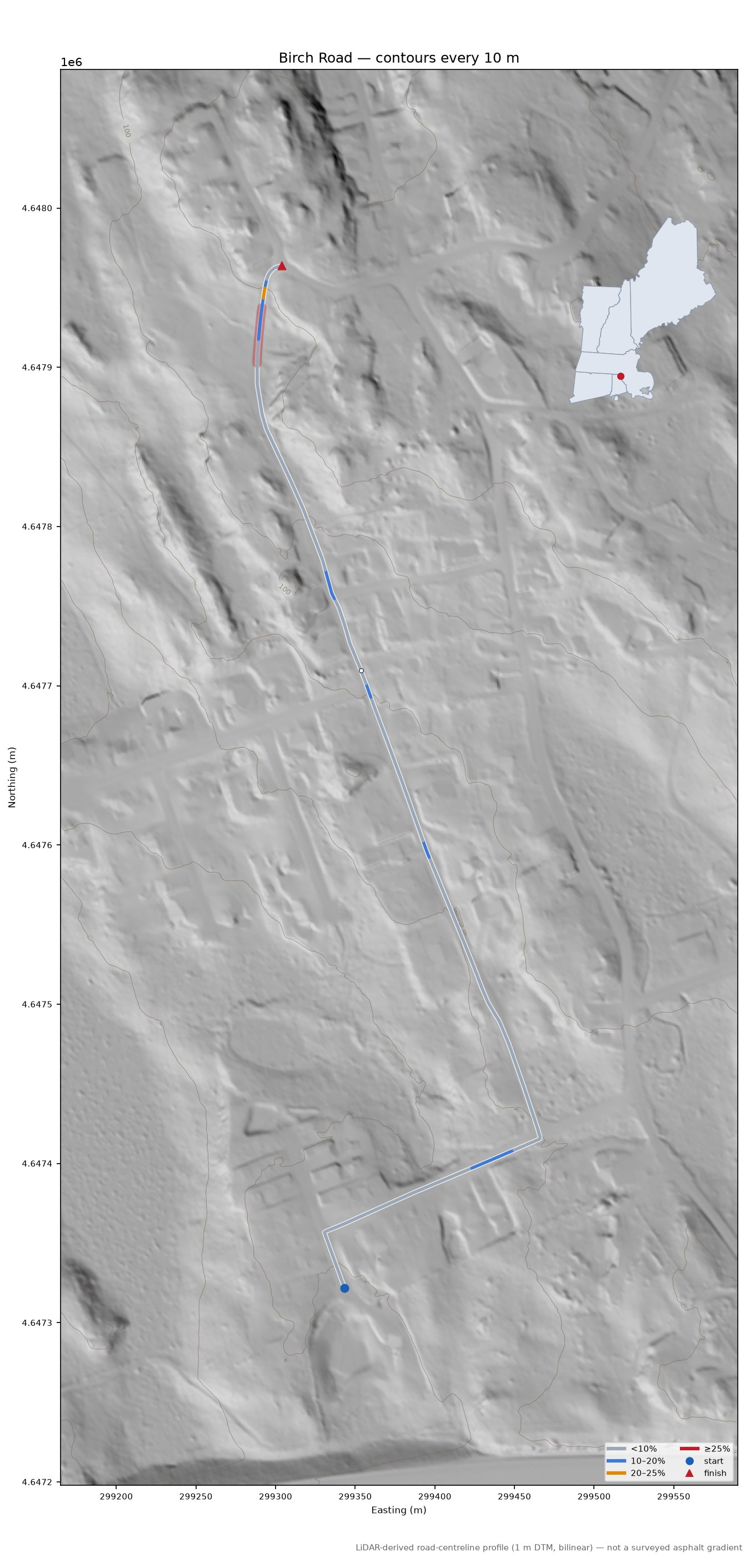 Birch Road LiDAR hillshade map with contours