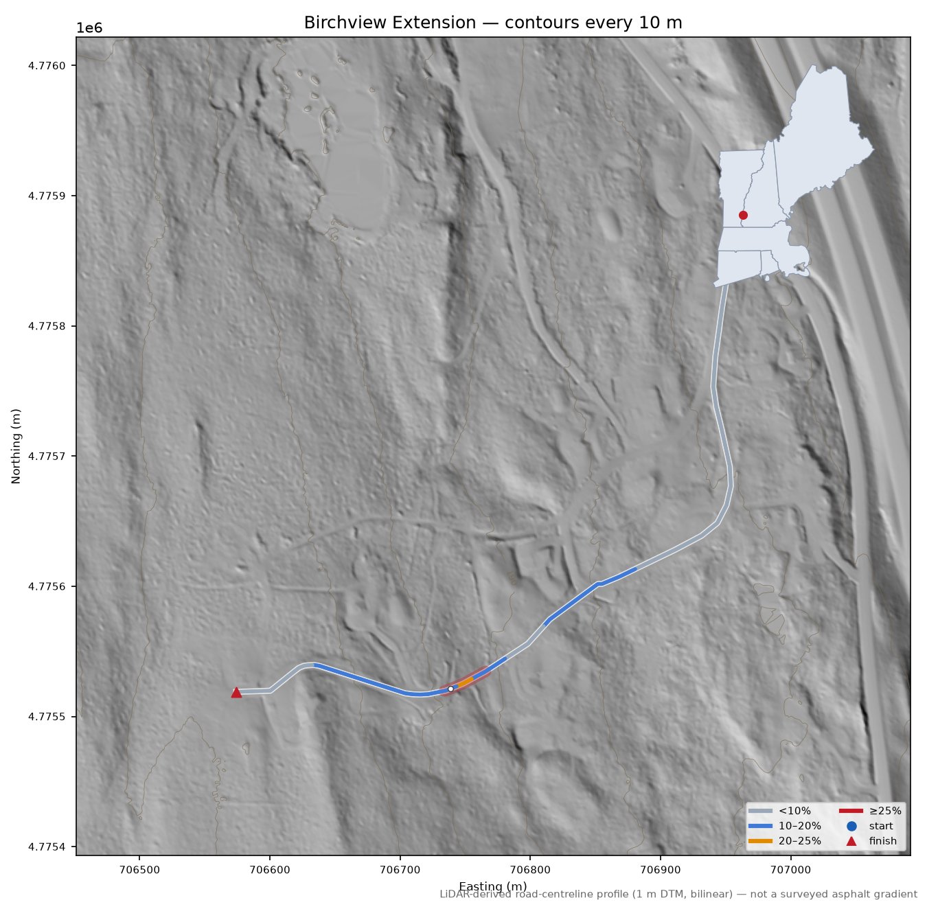 Birchview Extension LiDAR hillshade map with contours
