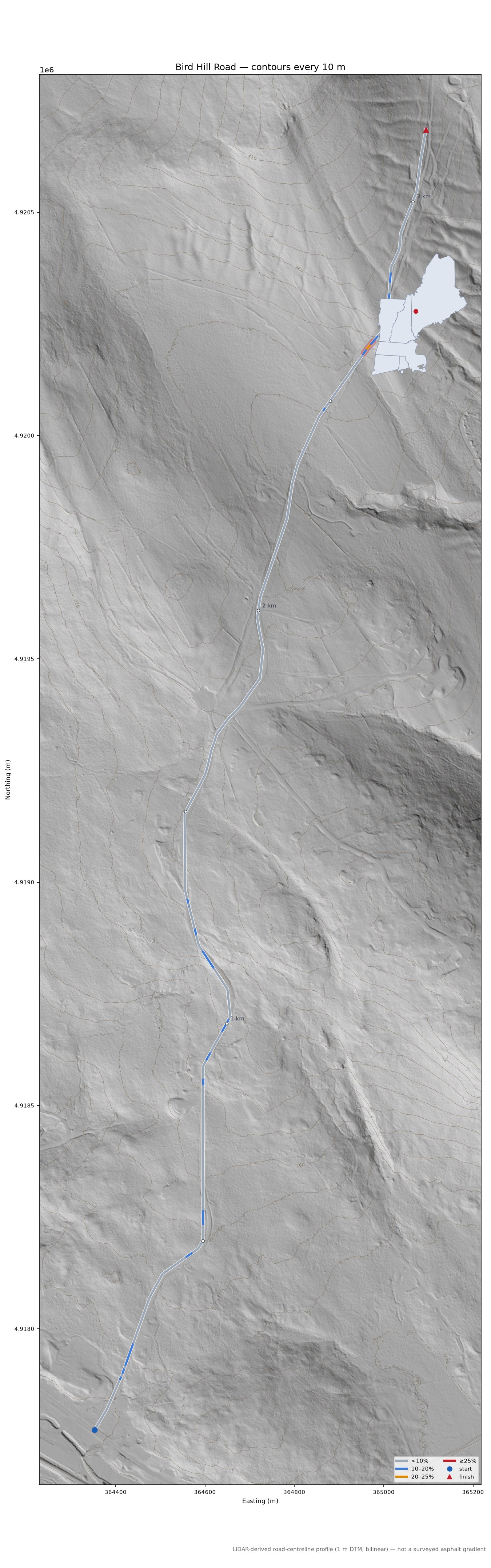 Bird Hill Road LiDAR hillshade map with contours