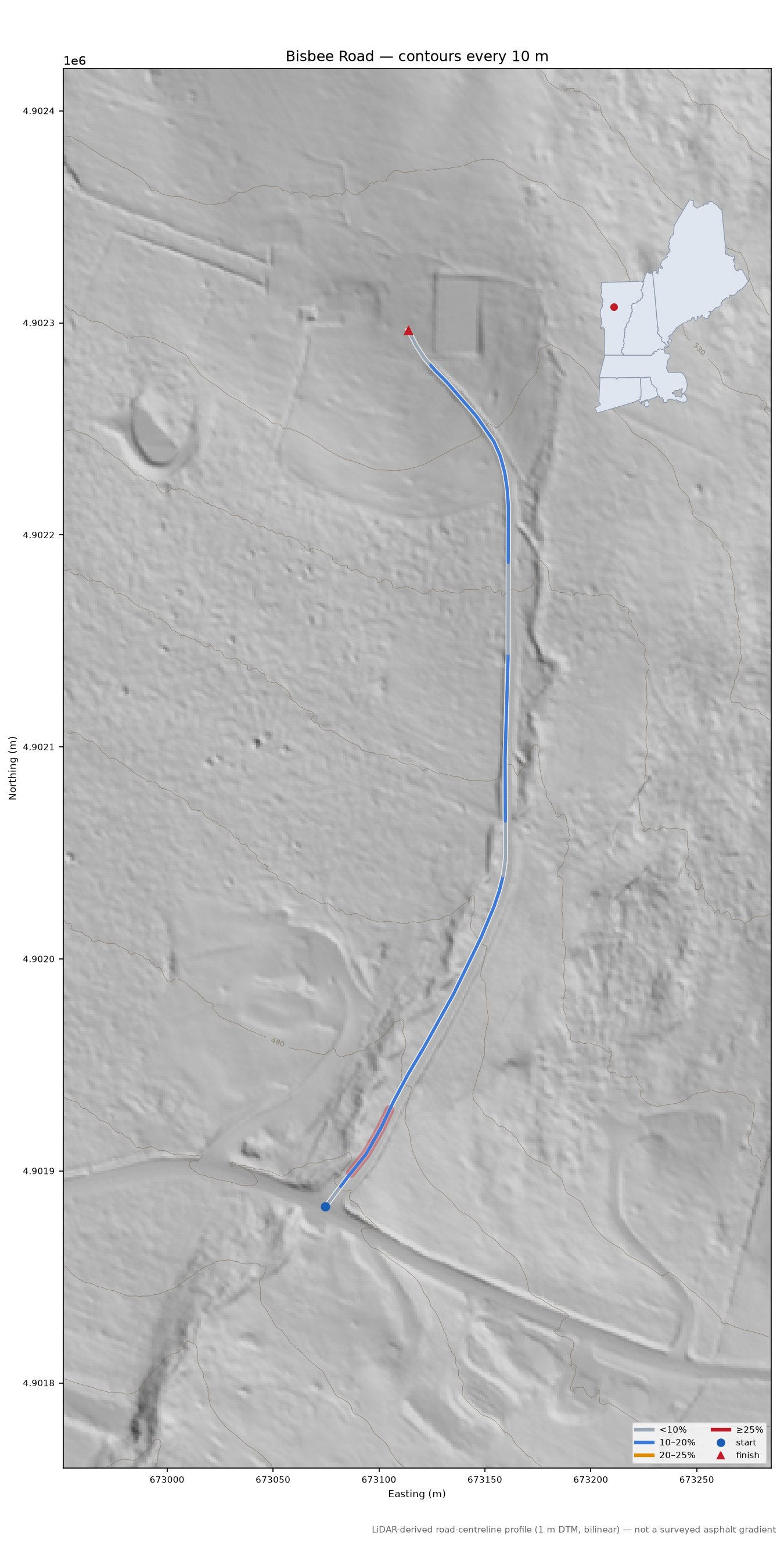 Bisbee Road LiDAR hillshade map with contours