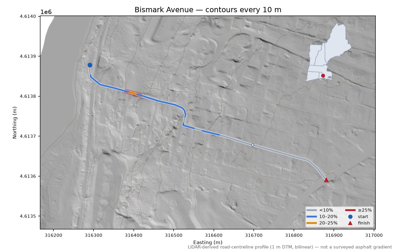 Bismark Avenue LiDAR hillshade map with contours