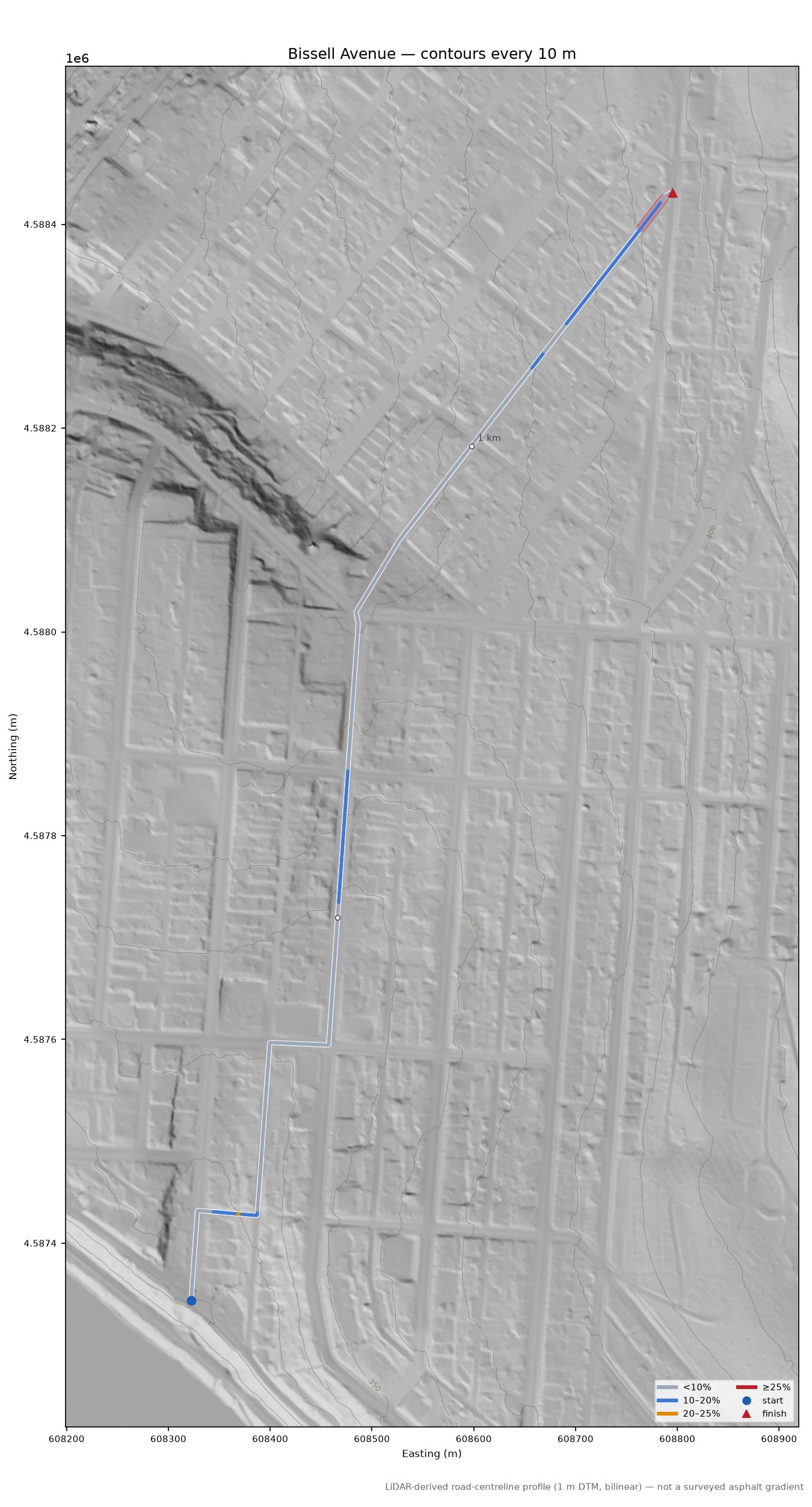 Bissell Avenue LiDAR hillshade map with contours
