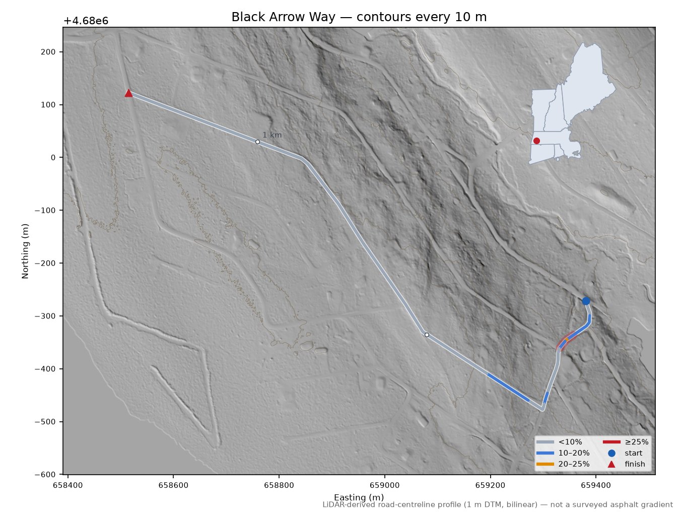 Black Arrow Way LiDAR hillshade map with contours