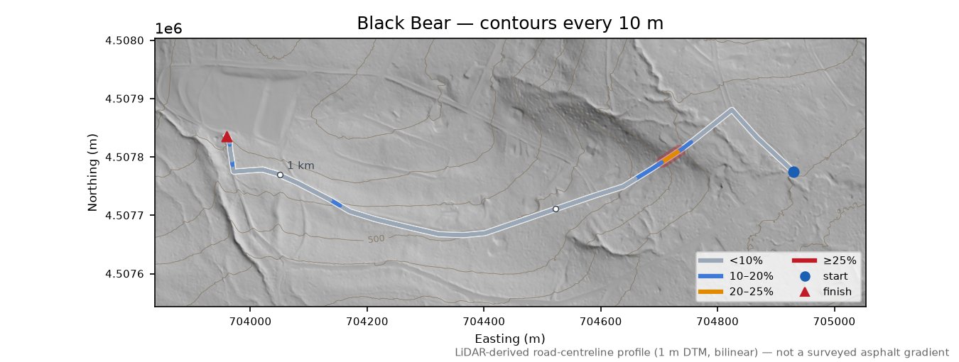 Black Bear LiDAR hillshade map with contours