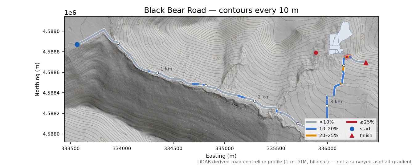 Black Bear Road LiDAR hillshade map with contours