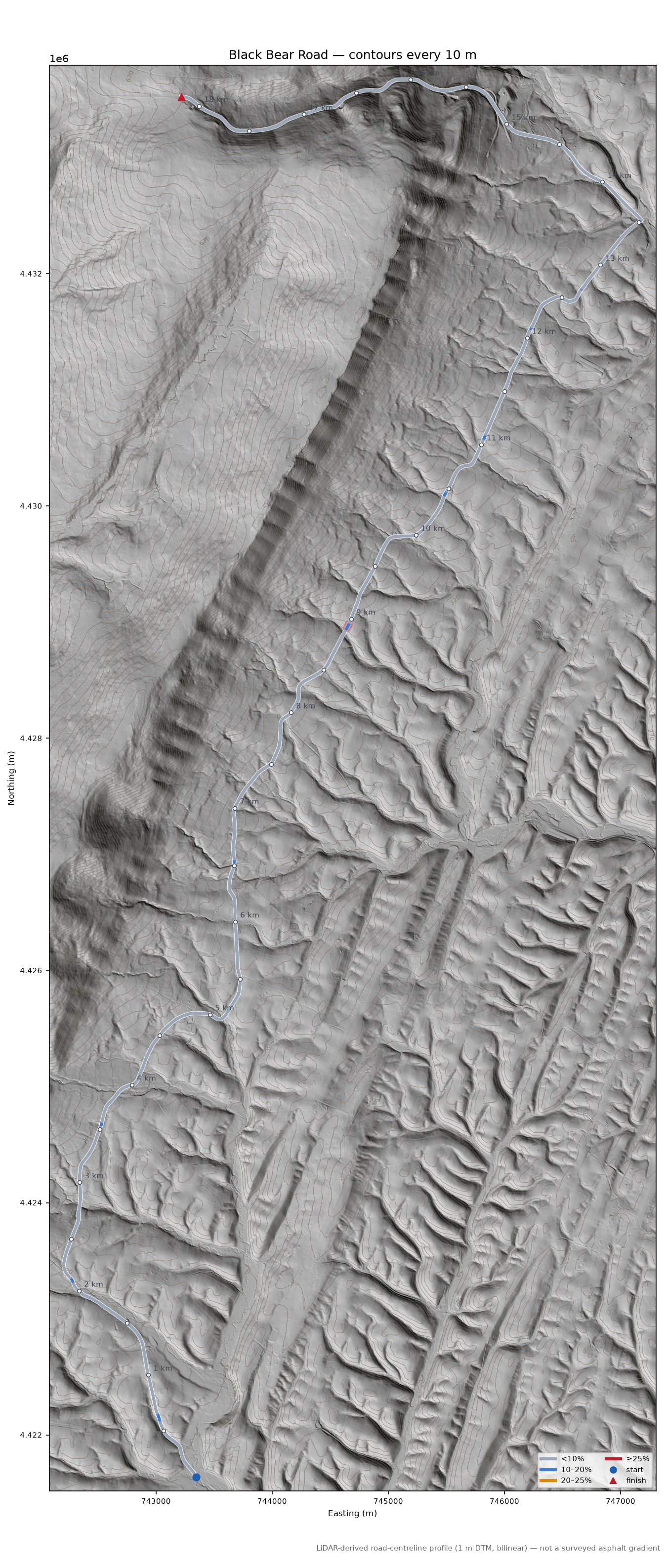 Black Bear Road LiDAR hillshade map with contours