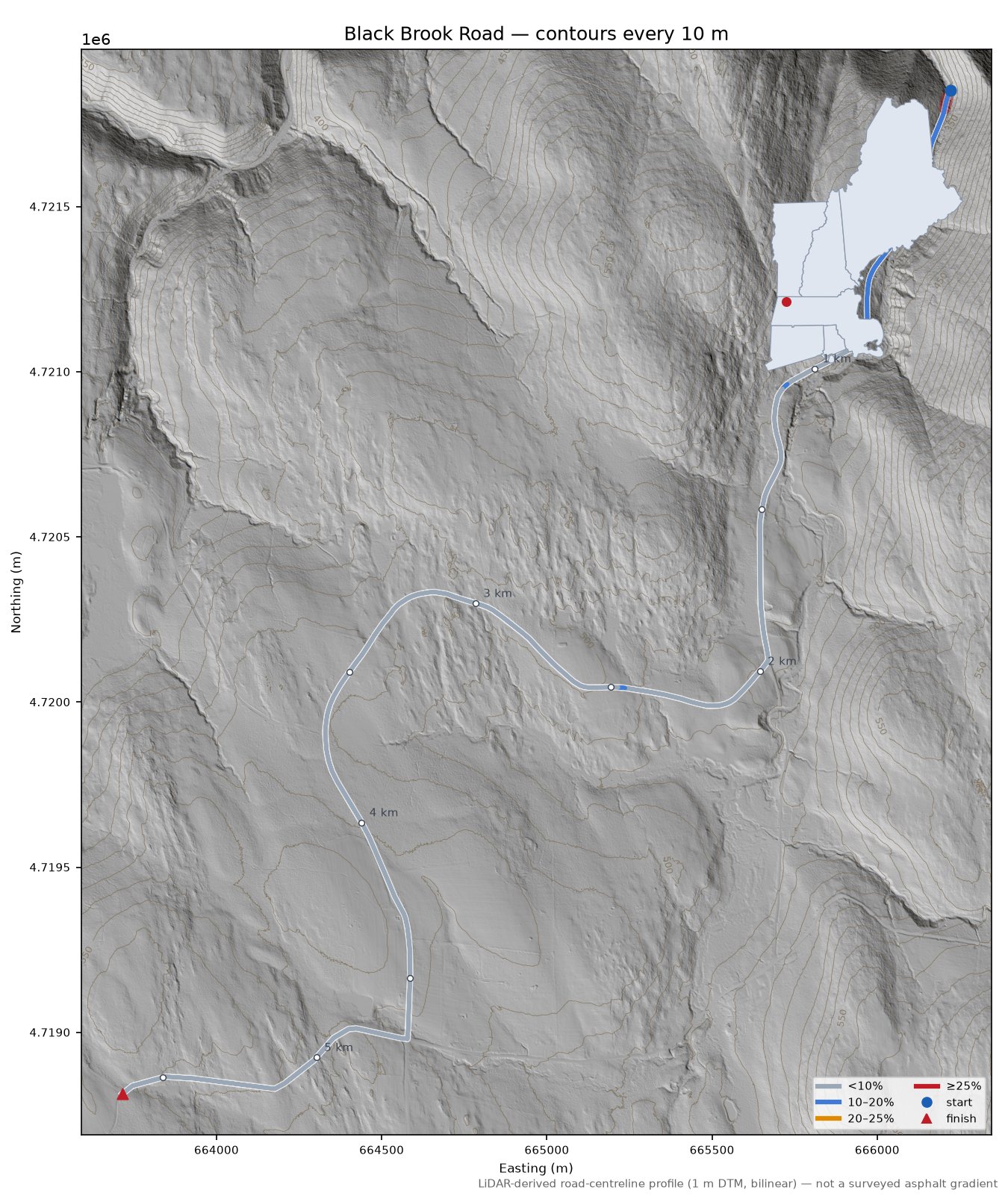 Black Brook Road LiDAR hillshade map with contours