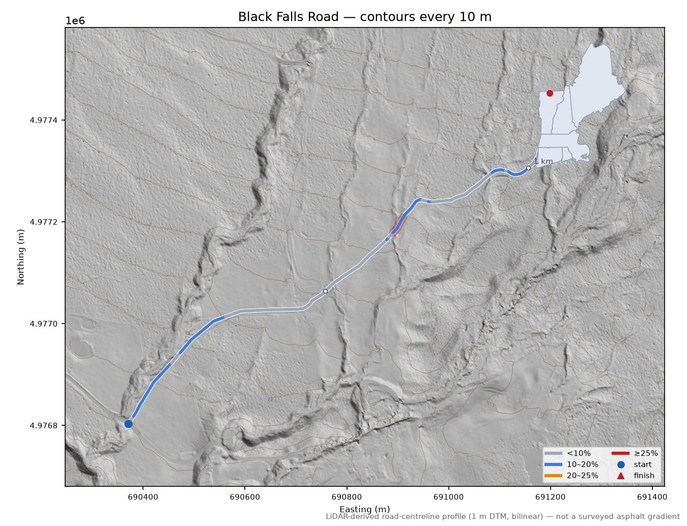Black Falls Road LiDAR hillshade map with contours