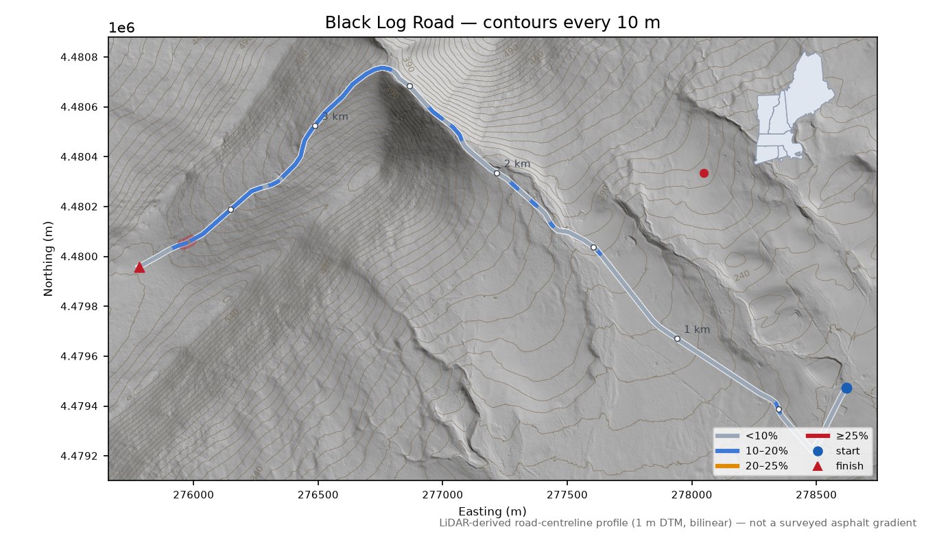 Black Log Road LiDAR hillshade map with contours