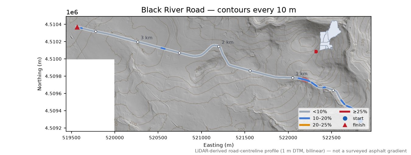 Black River Road LiDAR hillshade map with contours