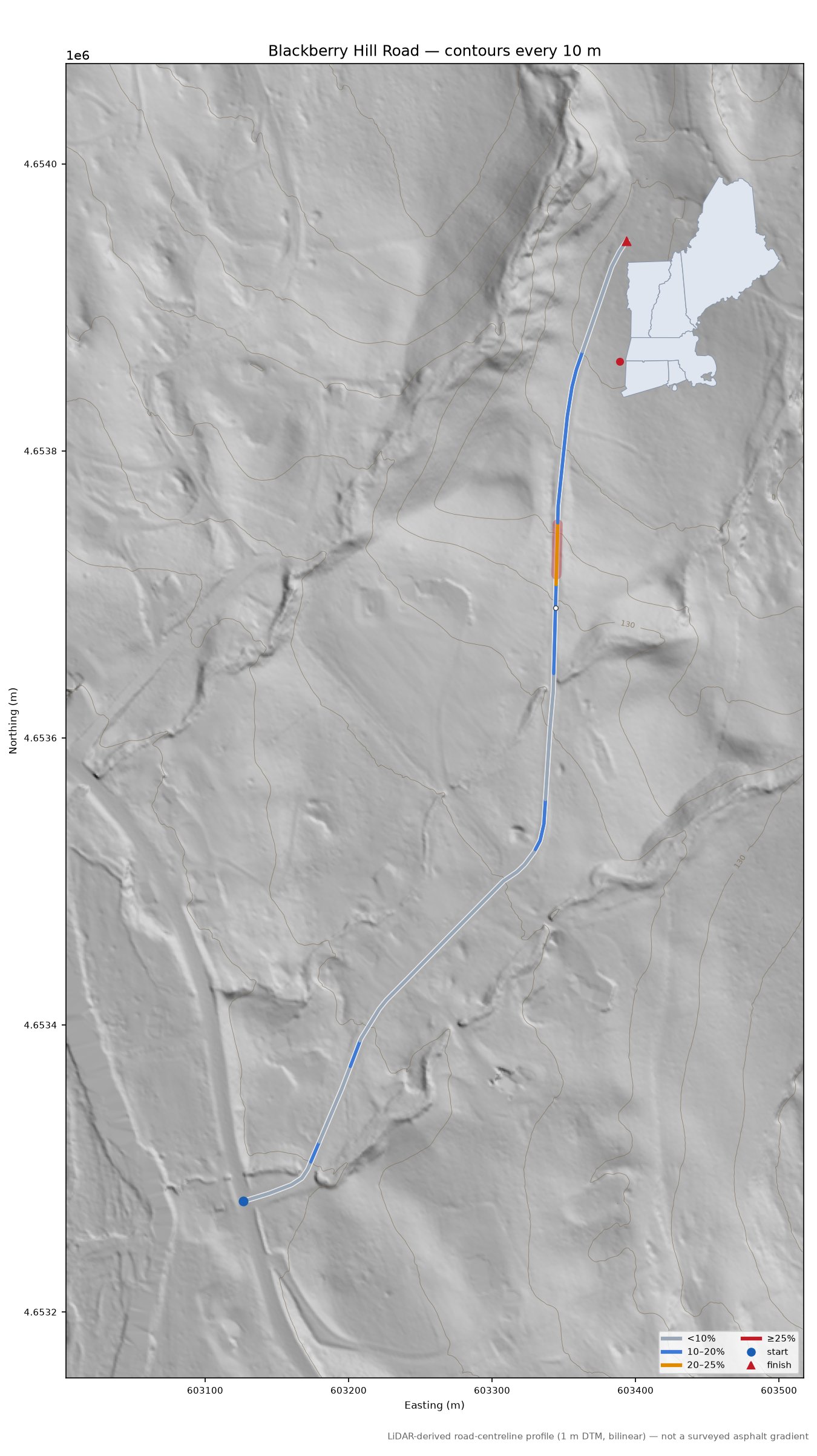 Blackberry Hill Road LiDAR hillshade map with contours