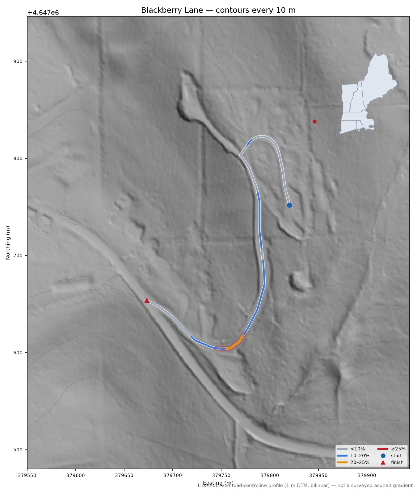 Blackberry Lane LiDAR hillshade map with contours