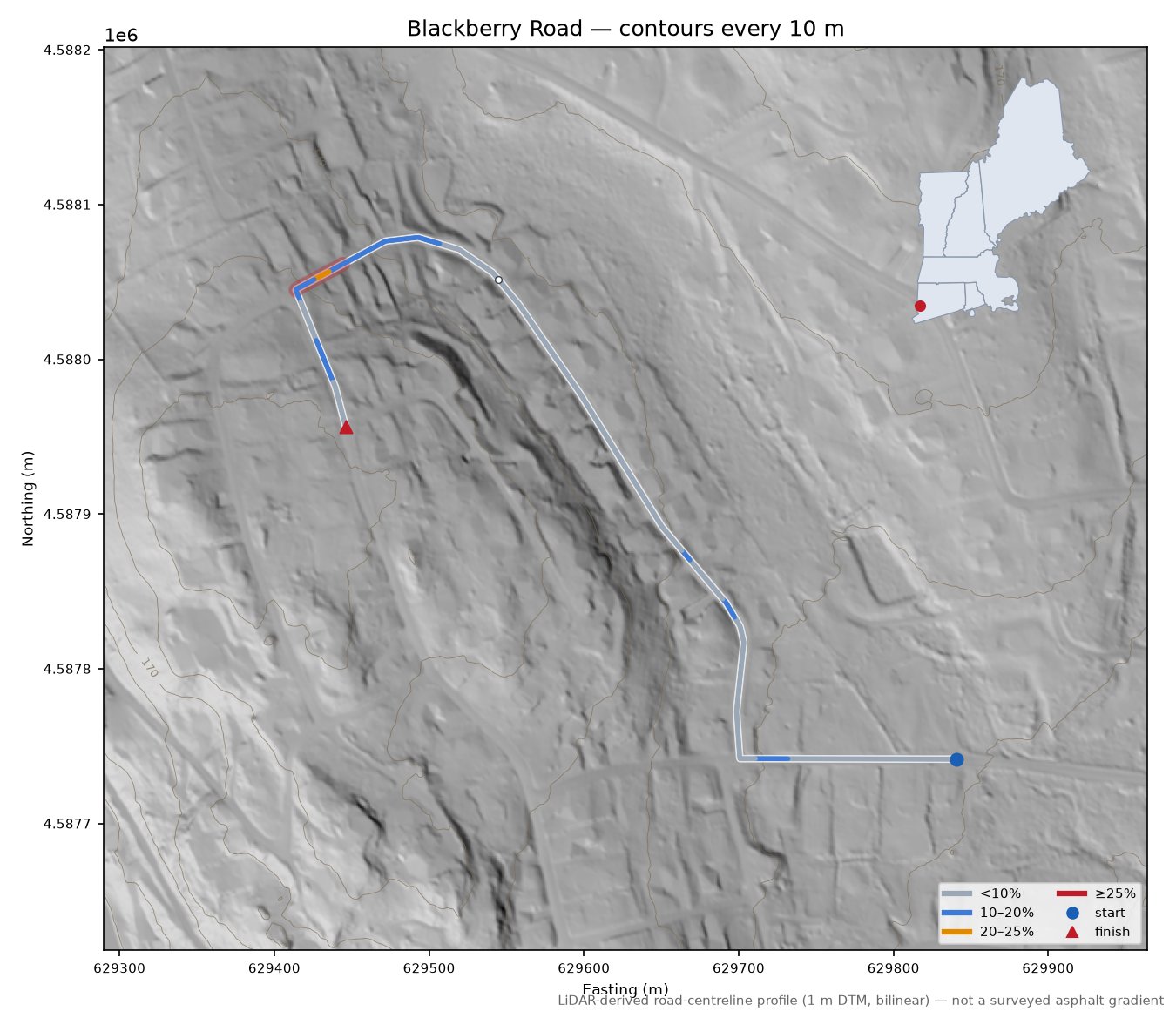 Blackberry Road LiDAR hillshade map with contours