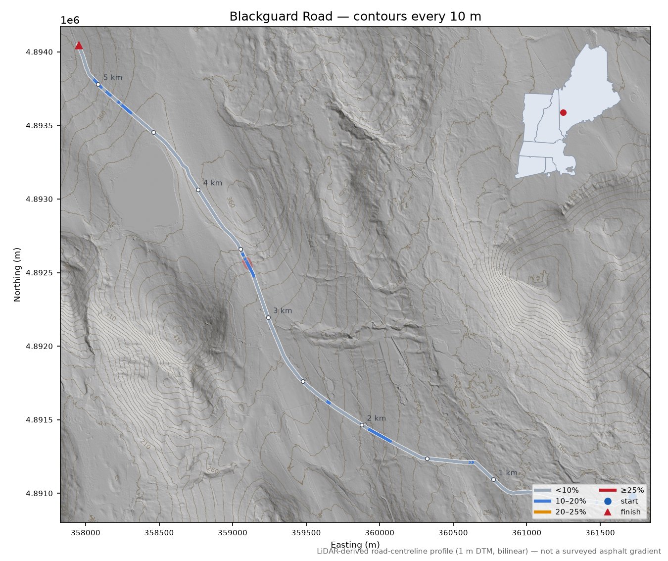 Blackguard Road LiDAR hillshade map with contours