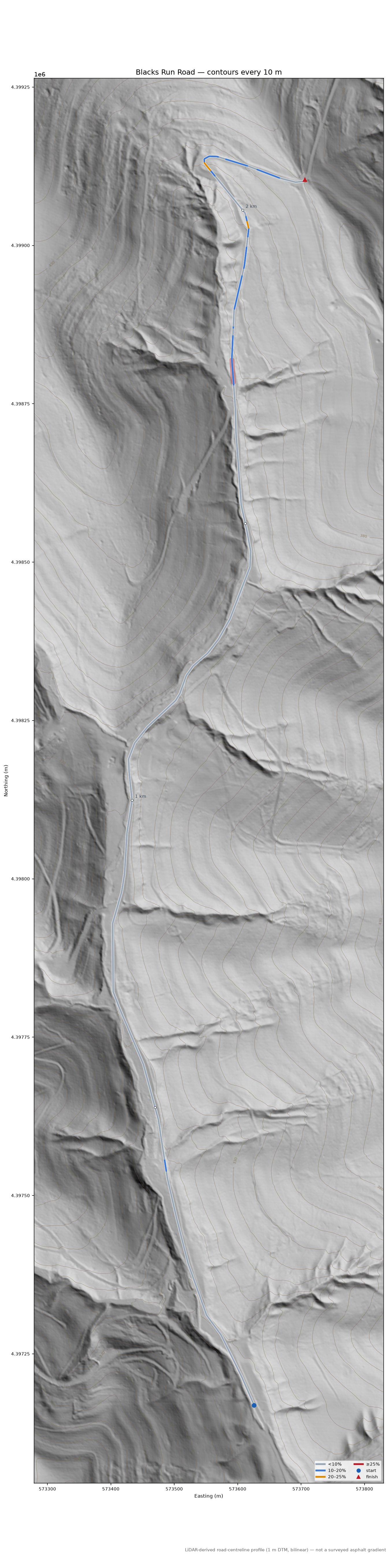 Blacks Run Road LiDAR hillshade map with contours