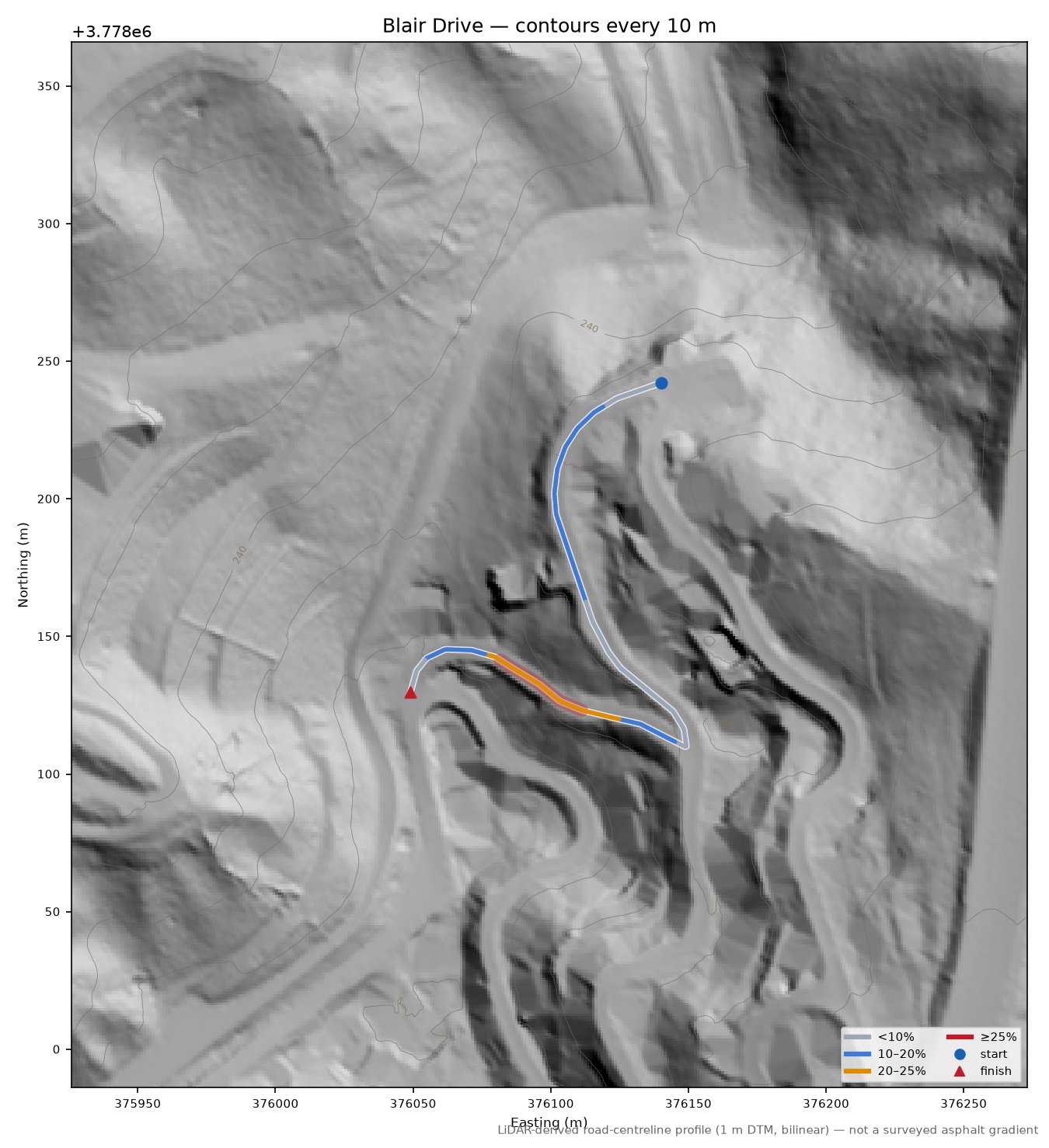 Blair Drive LiDAR hillshade map with contours