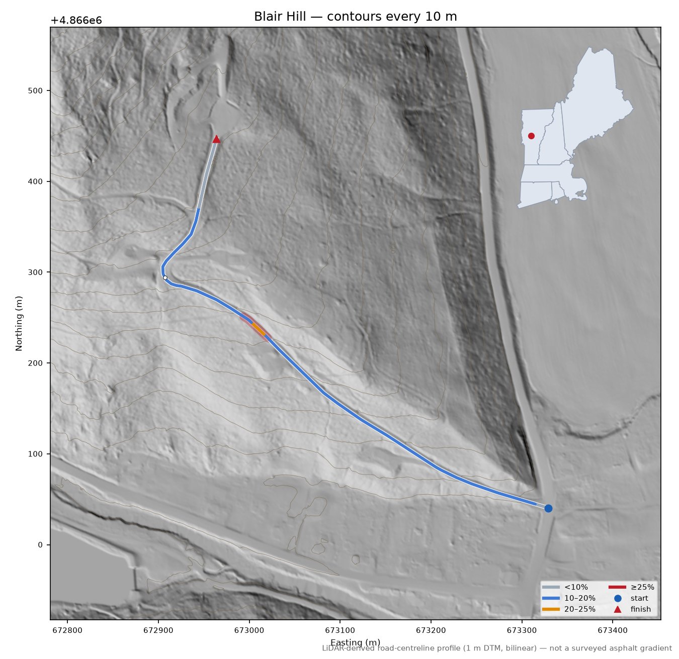 Blair Hill LiDAR hillshade map with contours