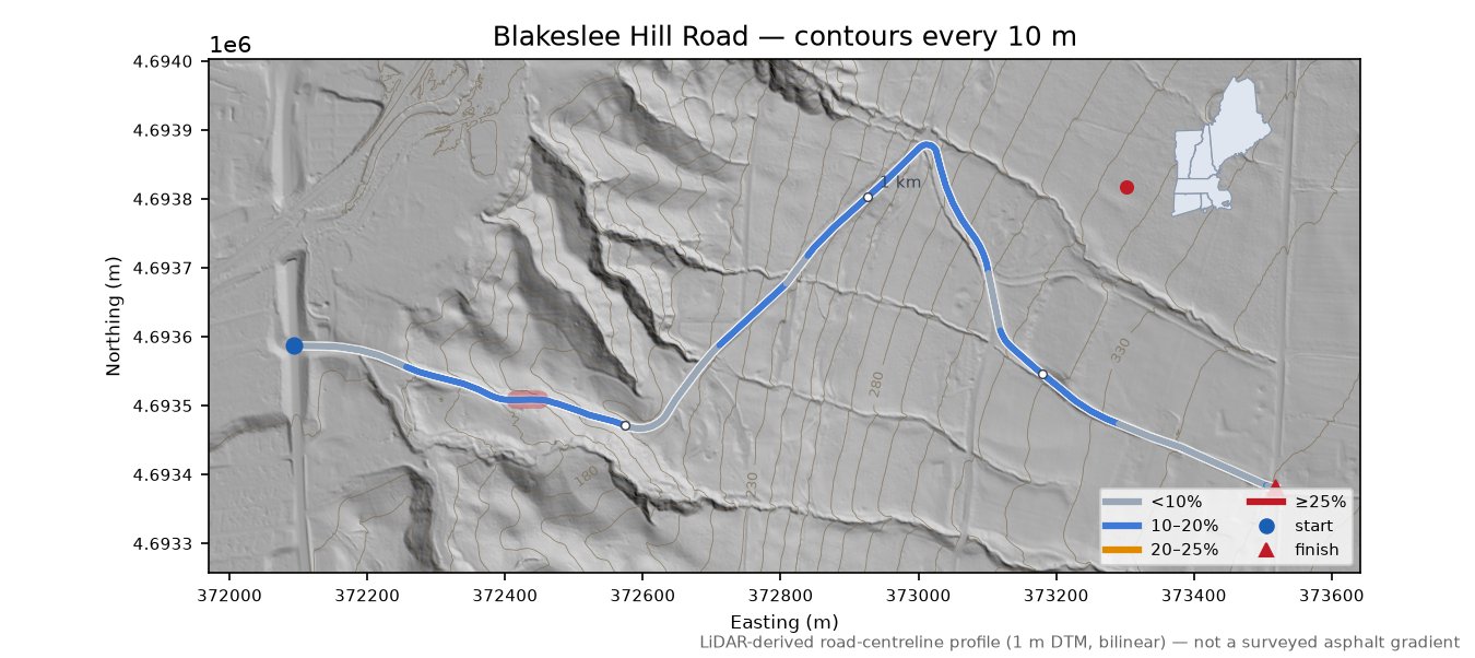 Blakeslee Hill Road LiDAR hillshade map with contours