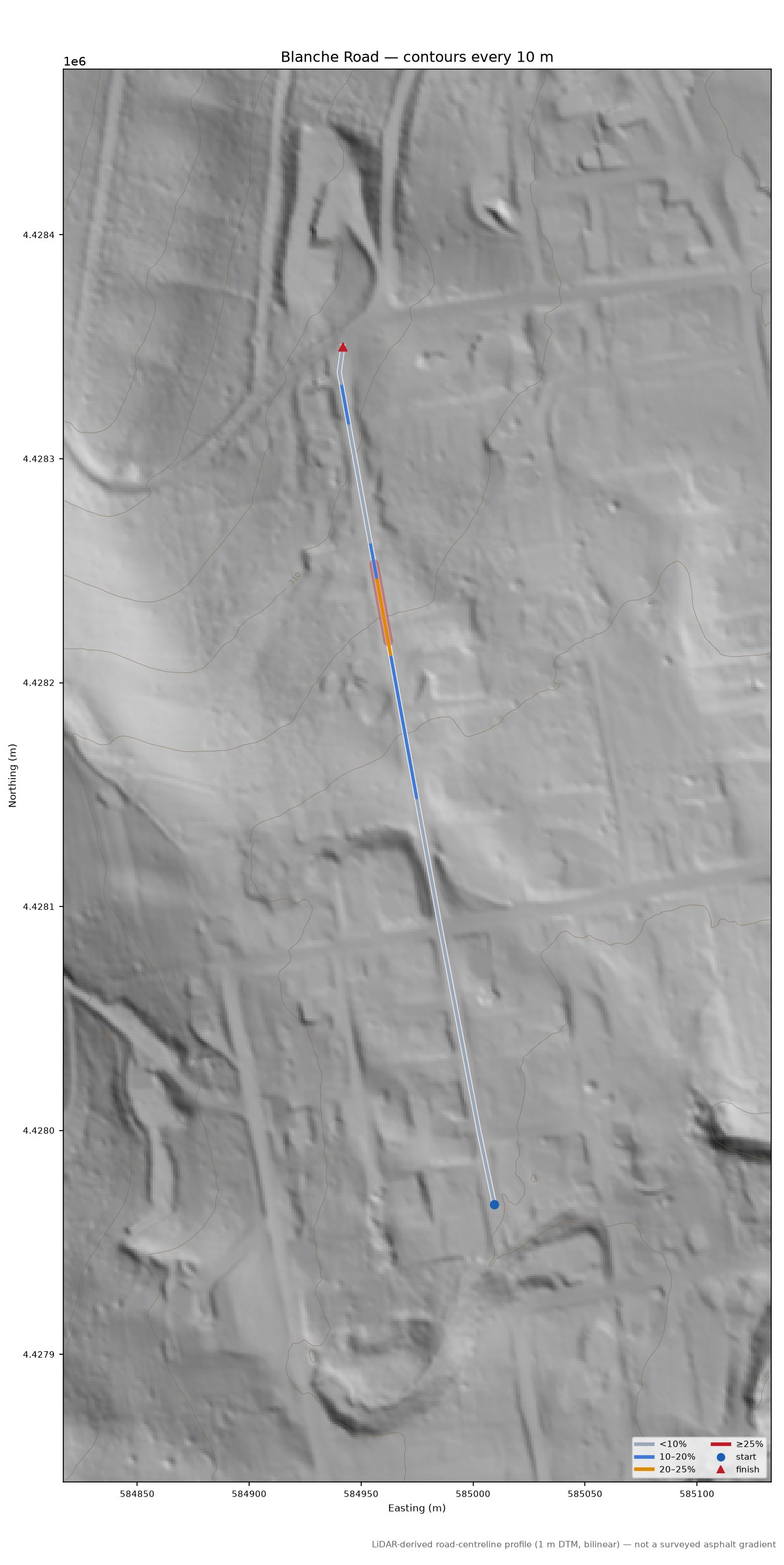 Blanche Road LiDAR hillshade map with contours