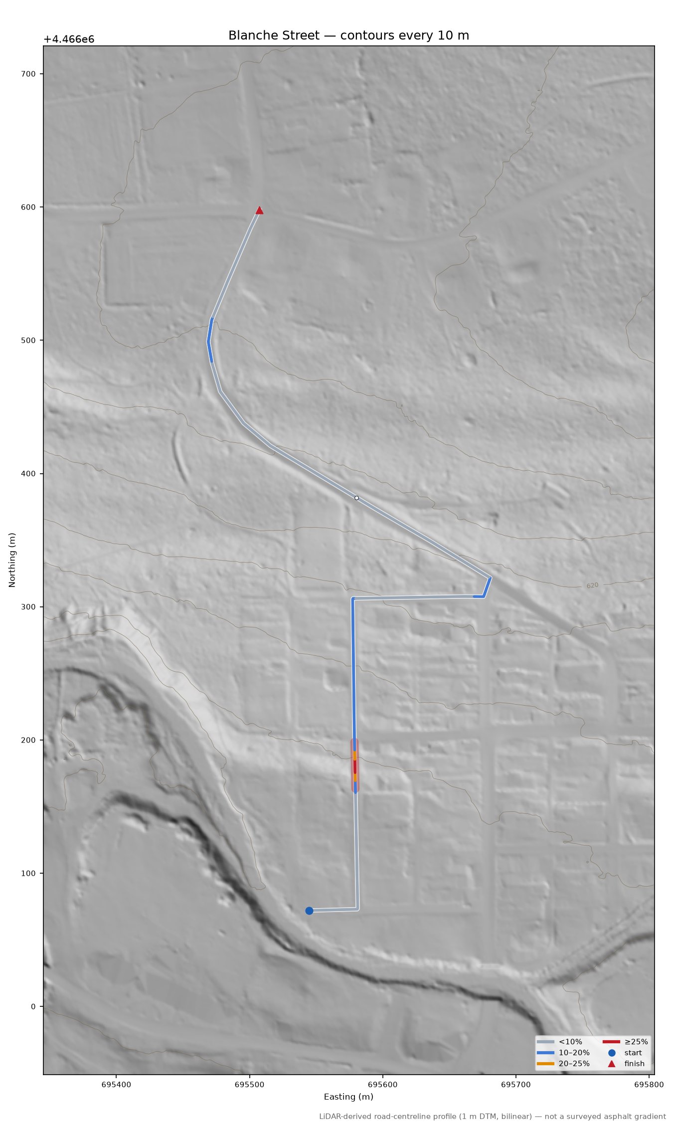 Blanche Street LiDAR hillshade map with contours