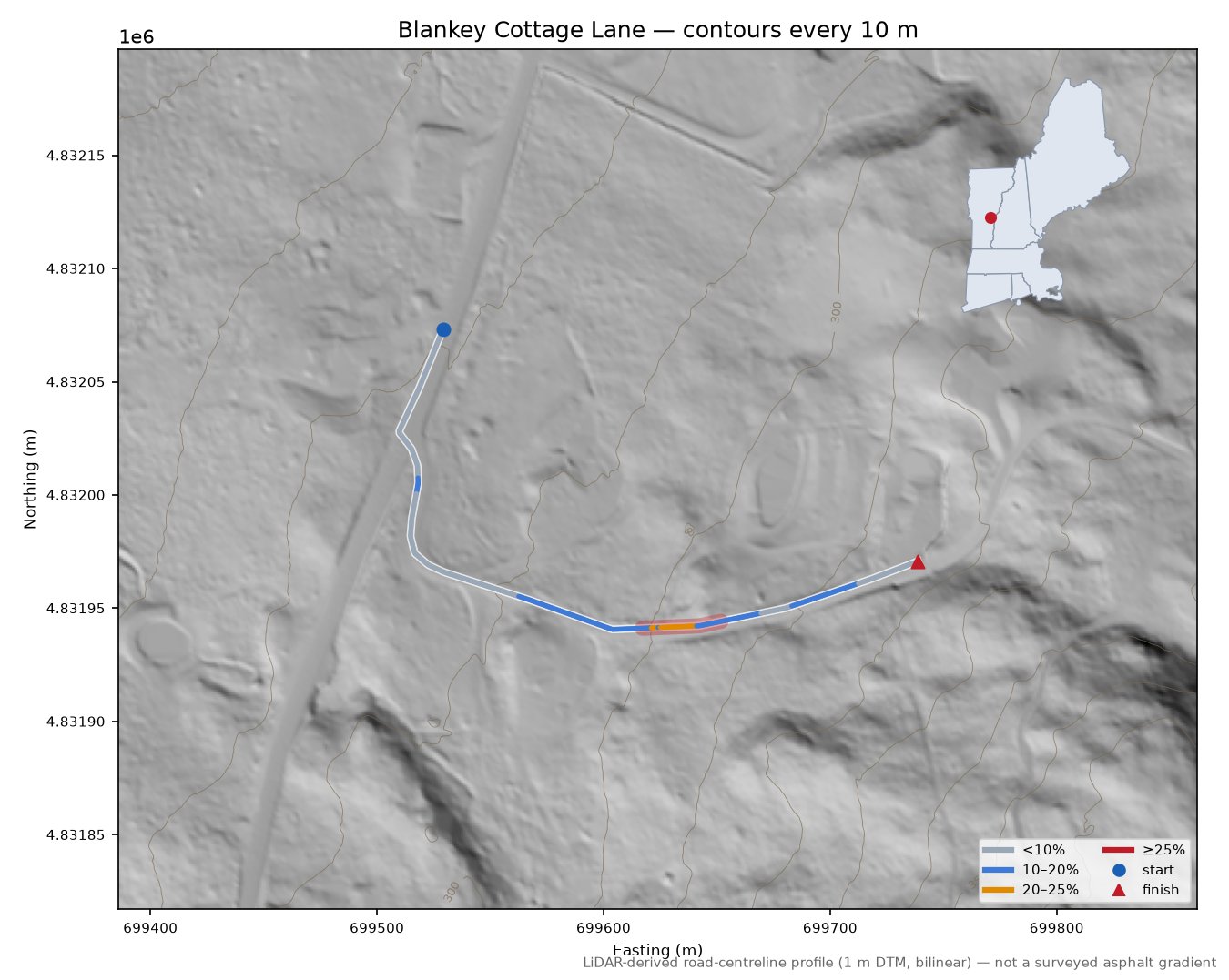 Blankey Cottage Lane LiDAR hillshade map with contours