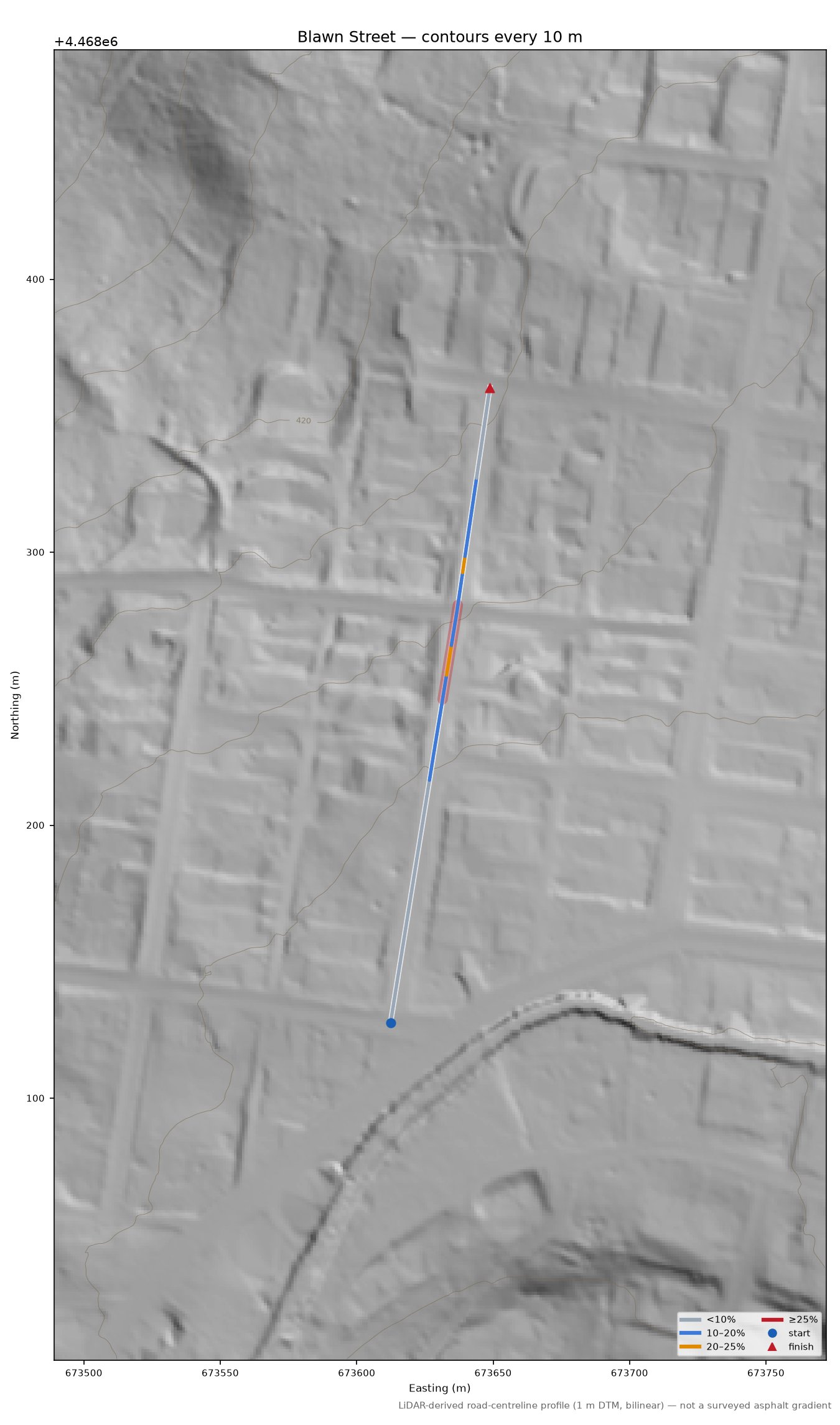Blawn Street LiDAR hillshade map with contours