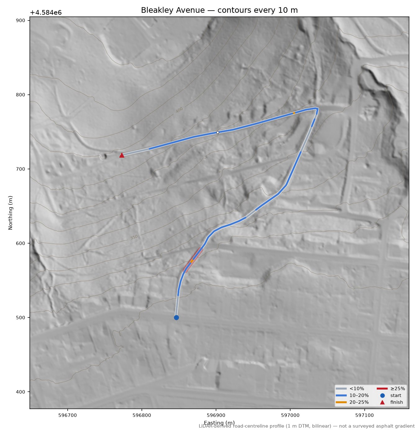Bleakley Avenue LiDAR hillshade map with contours