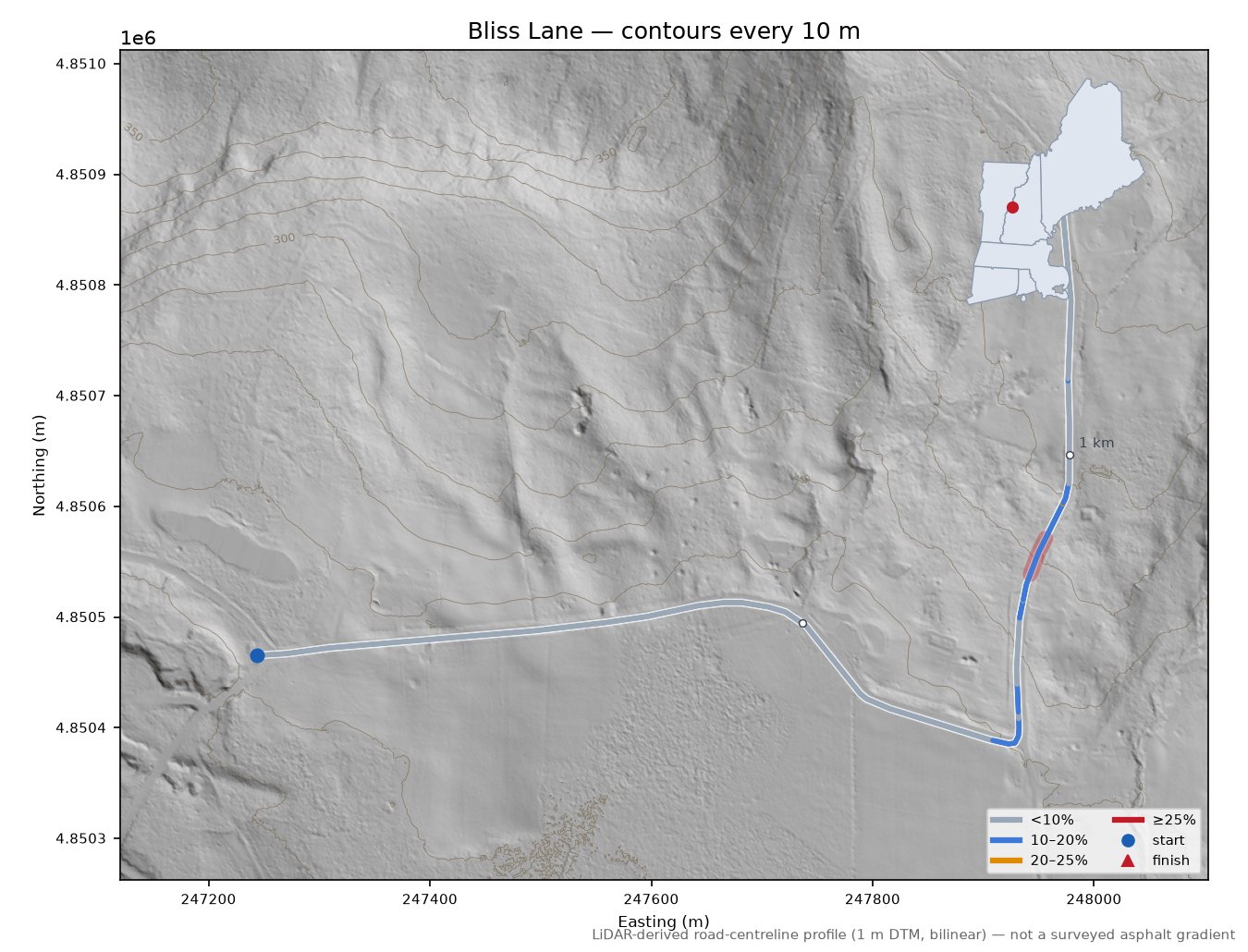 Bliss Lane LiDAR hillshade map with contours