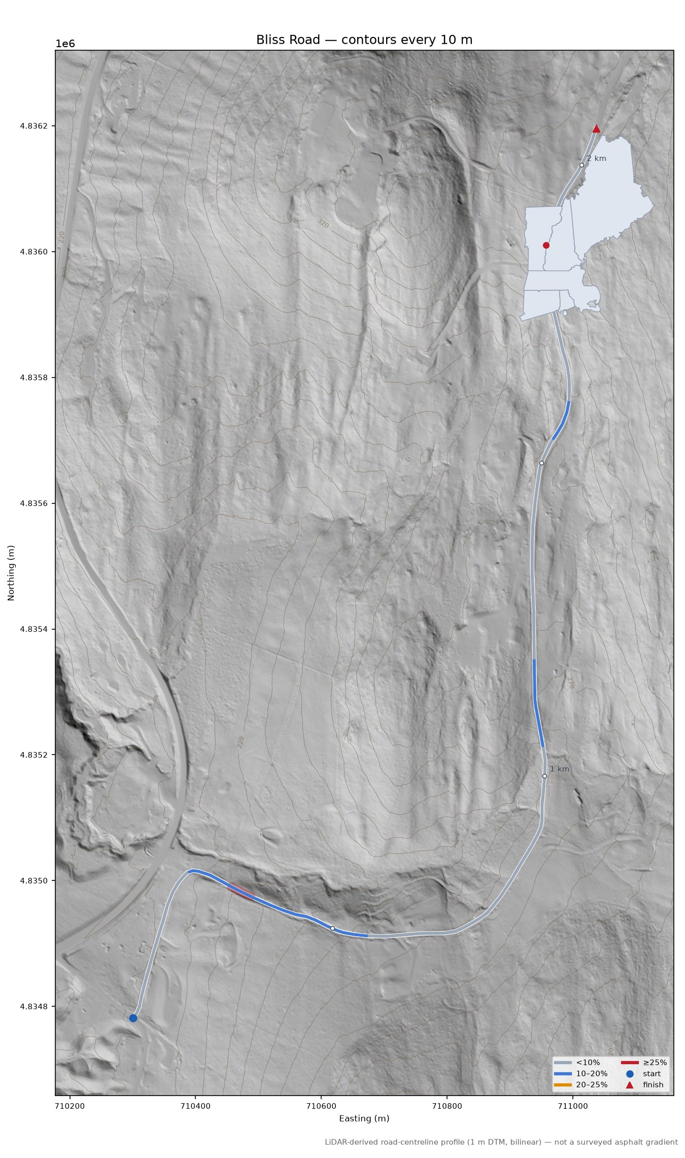 Bliss Road LiDAR hillshade map with contours