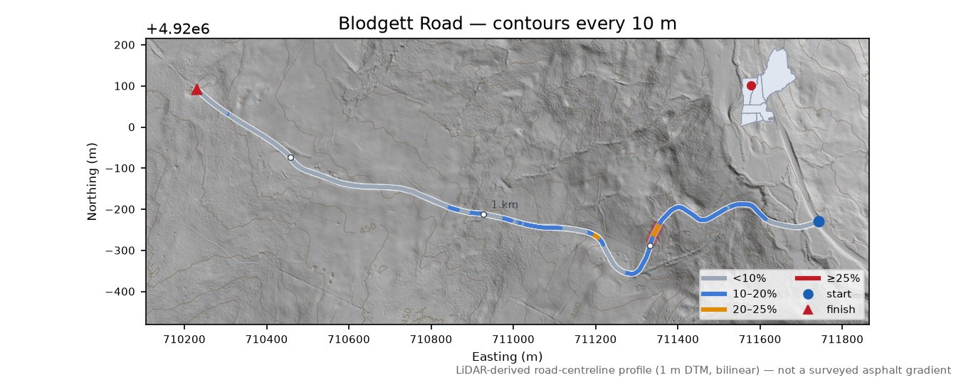 Blodgett Road LiDAR hillshade map with contours