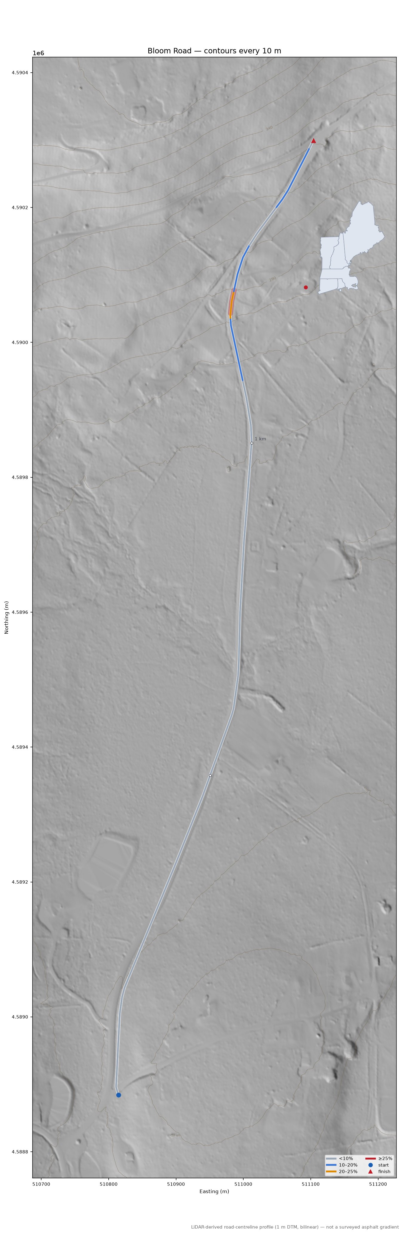 Bloom Road LiDAR hillshade map with contours
