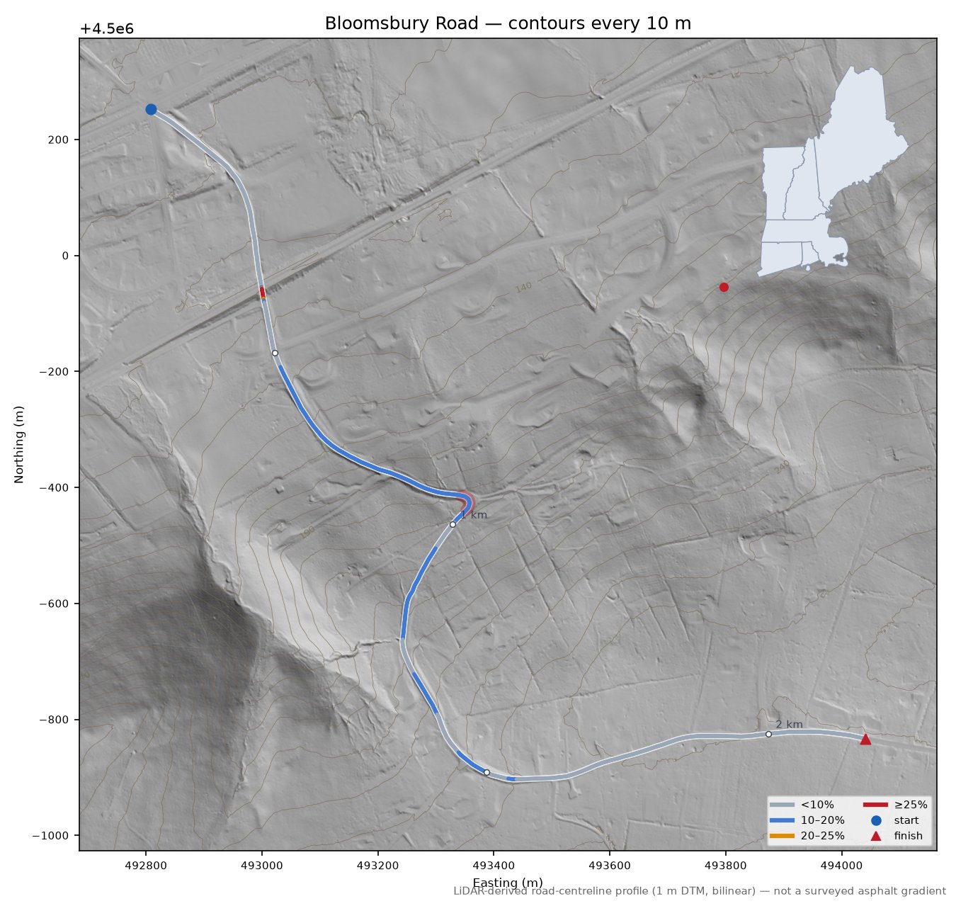 Bloomsbury Road LiDAR hillshade map with contours