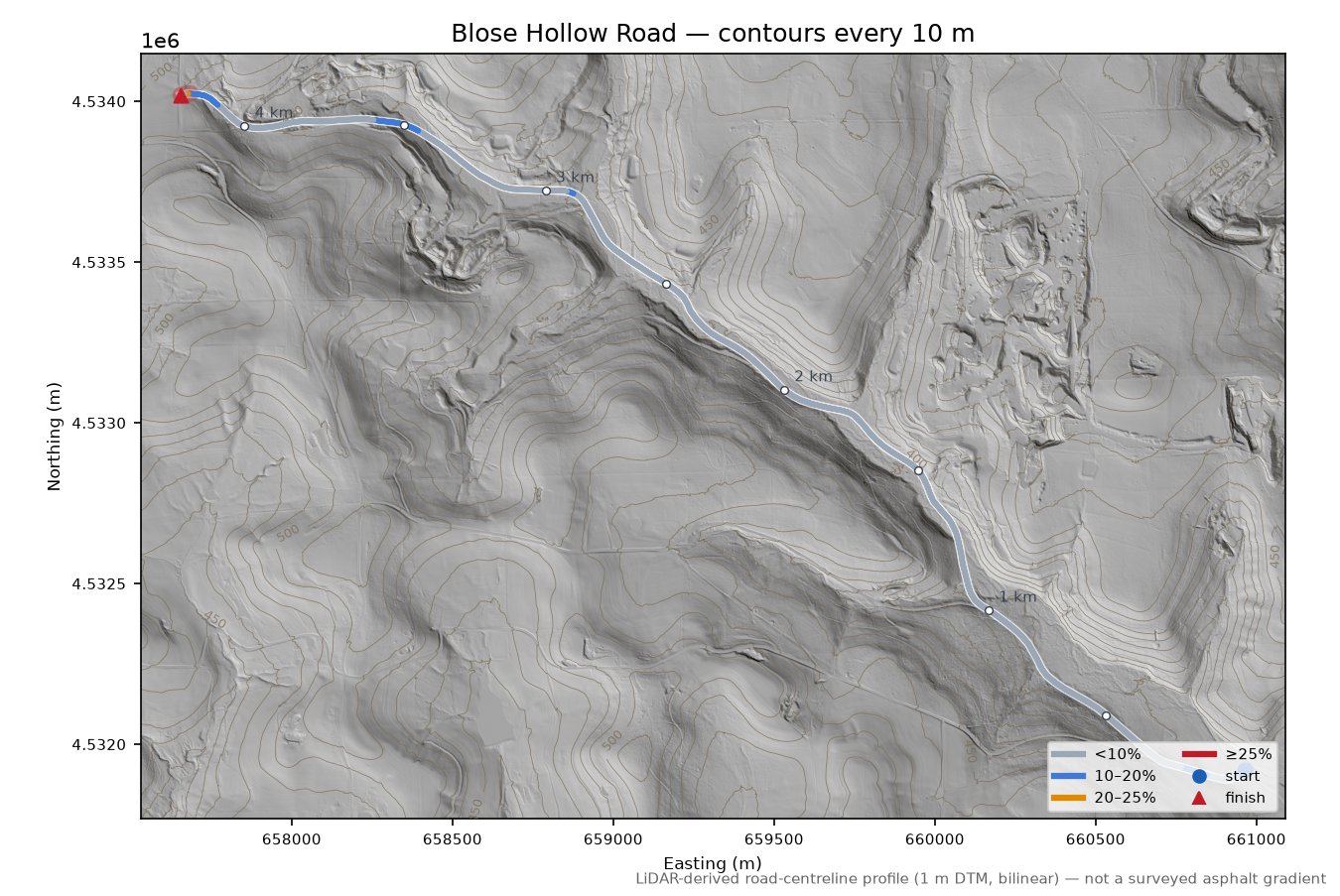 Blose Hollow Road LiDAR hillshade map with contours