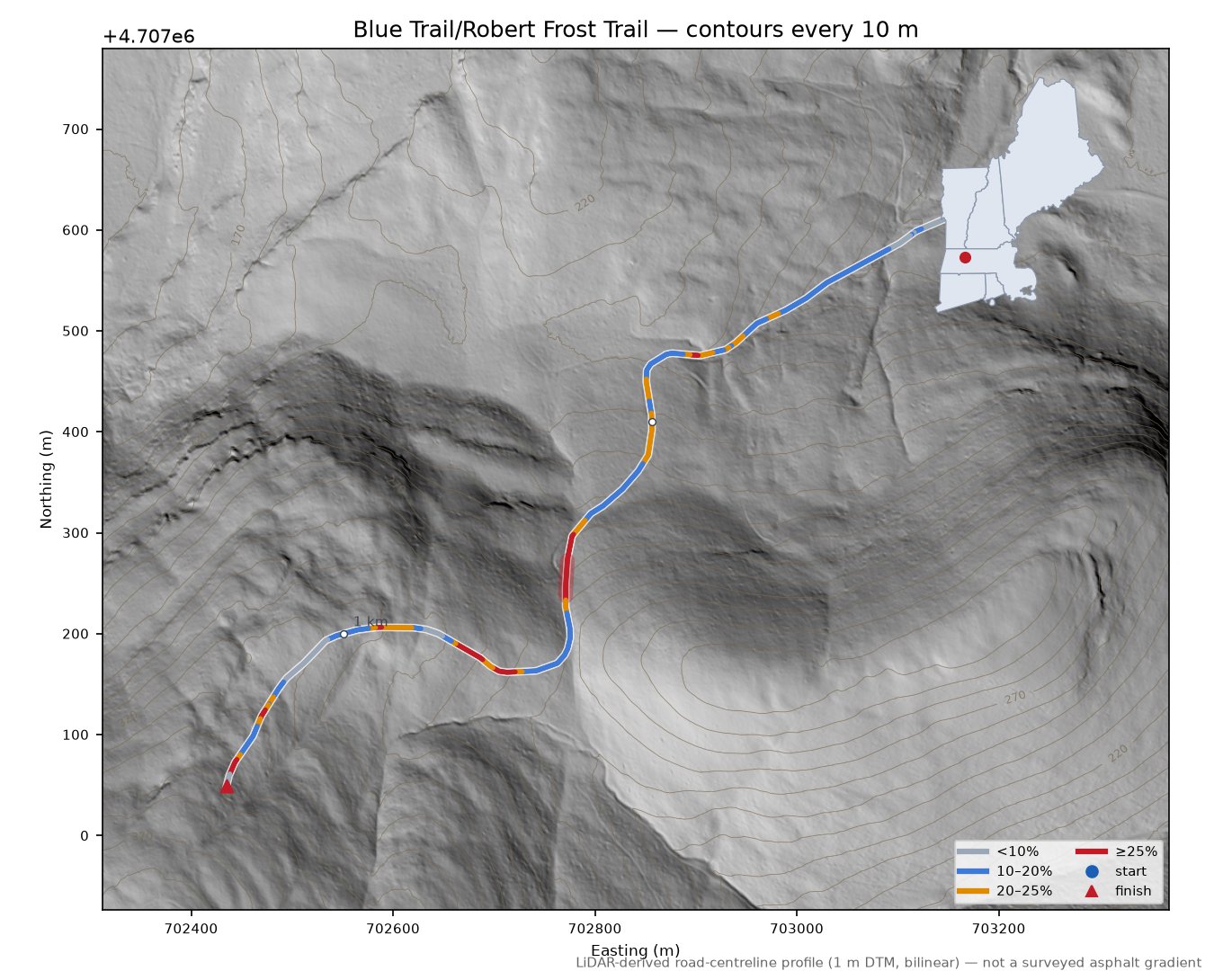 Blue Trail/Robert Frost Trail LiDAR hillshade map with contours