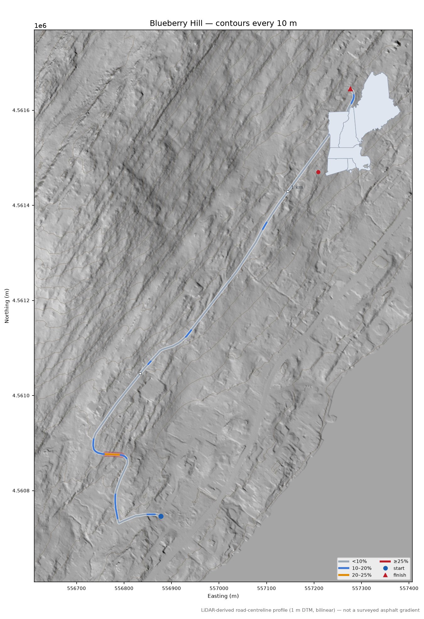 Blueberry Hill LiDAR hillshade map with contours