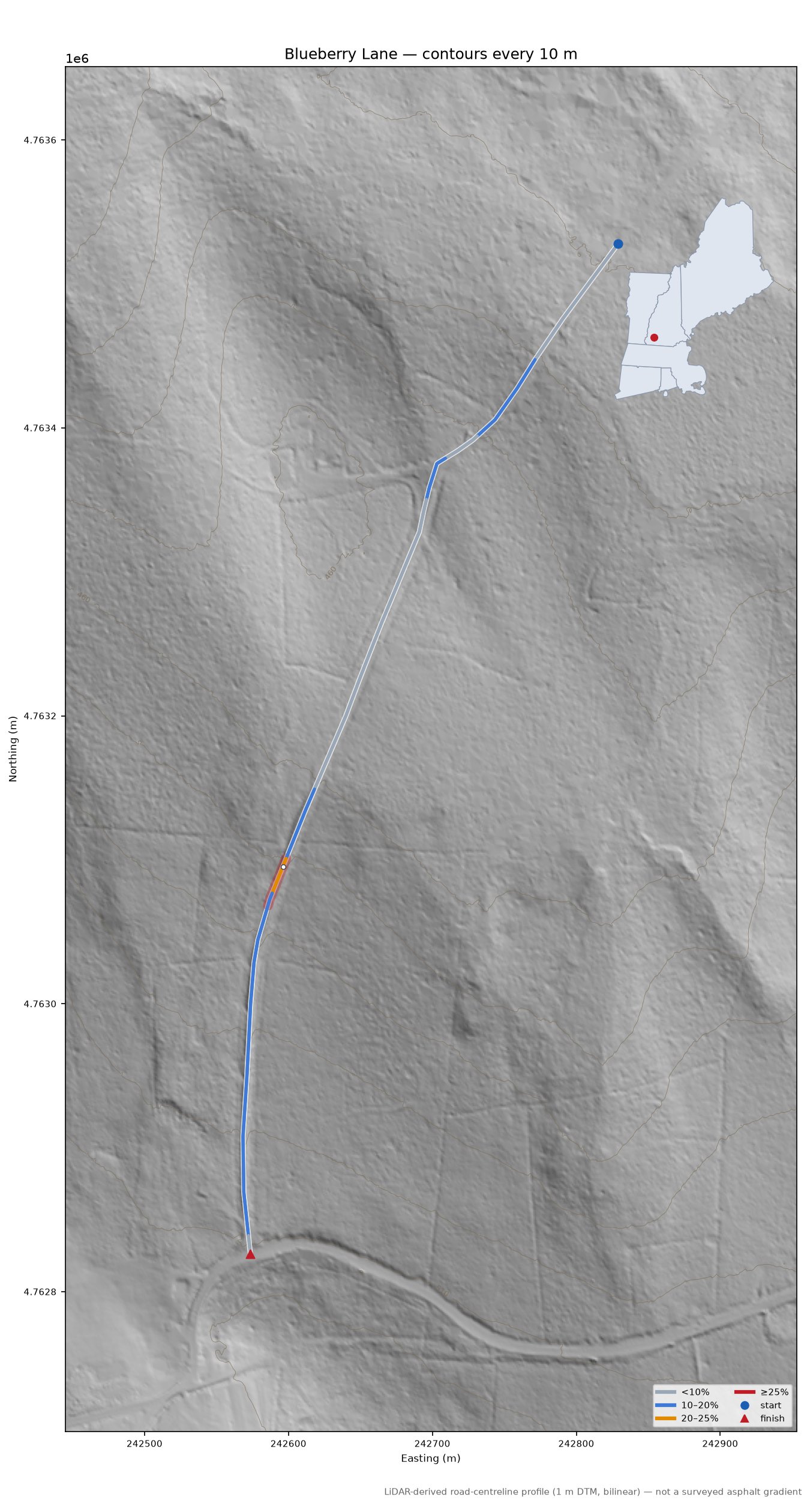 Blueberry Lane LiDAR hillshade map with contours