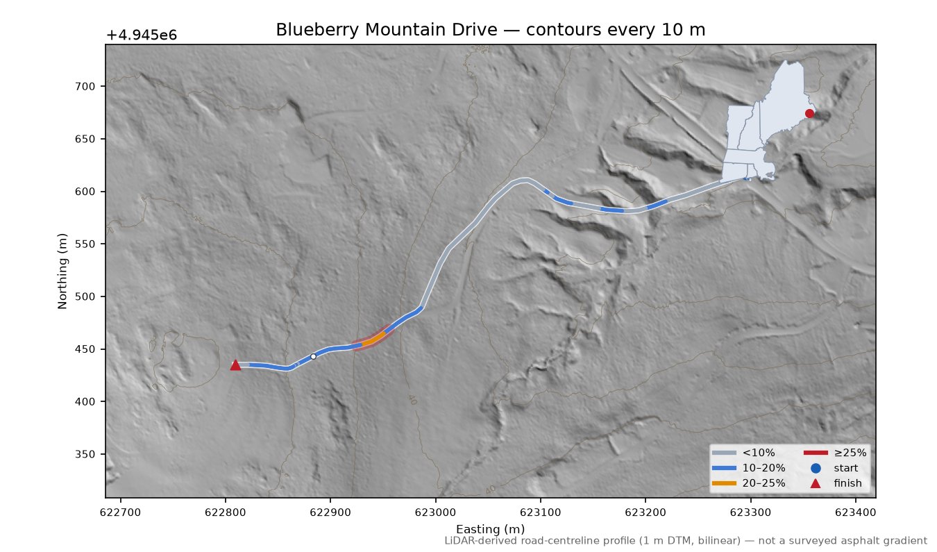Blueberry Mountain Drive LiDAR hillshade map with contours