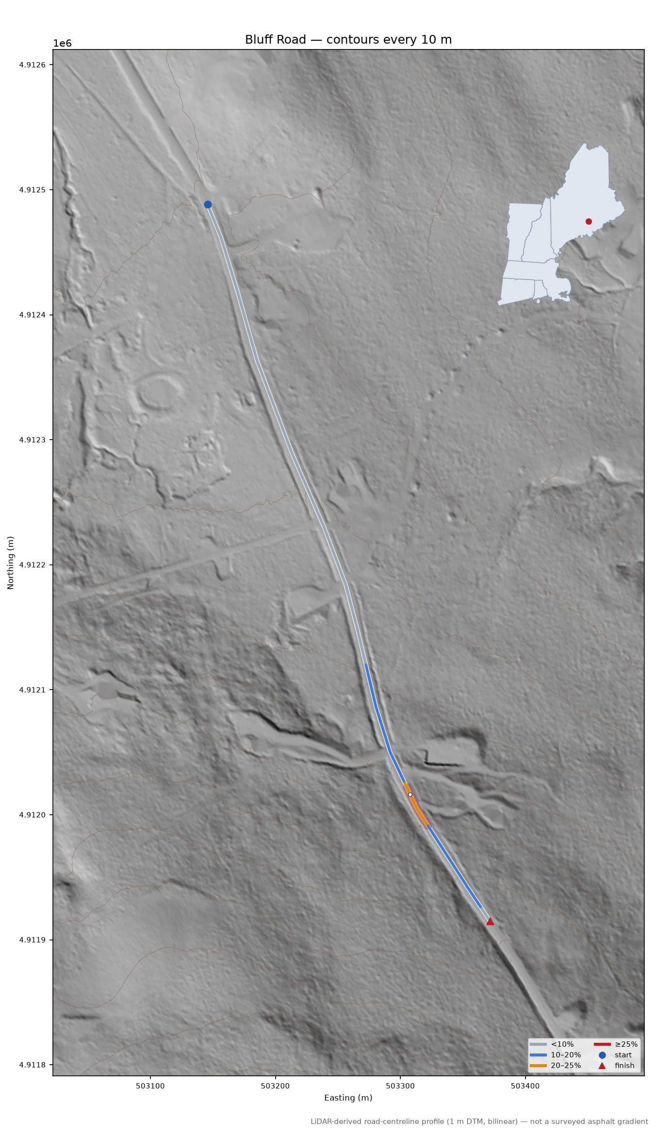 Bluff Road LiDAR hillshade map with contours