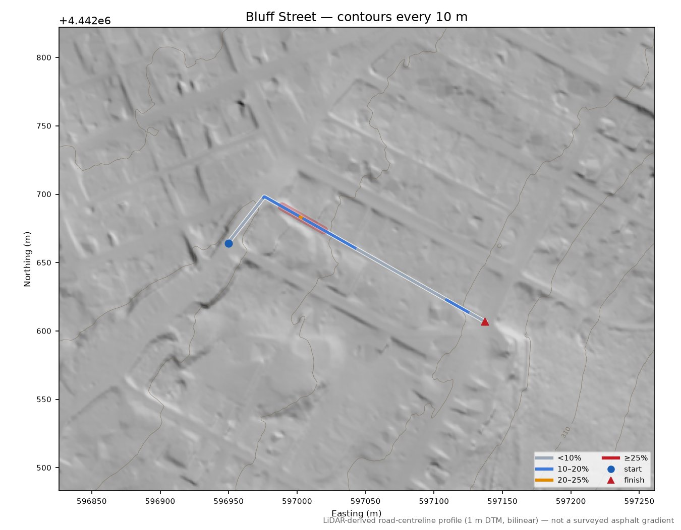 Bluff Street LiDAR hillshade map with contours