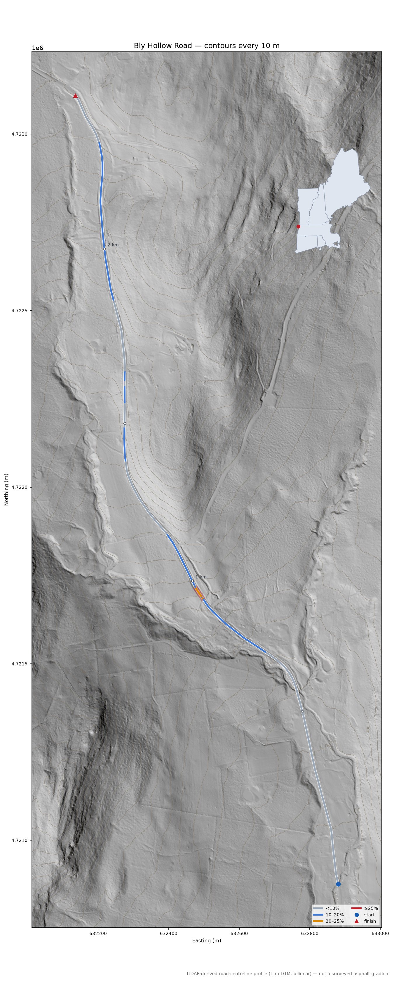 Bly Hollow Road LiDAR hillshade map with contours