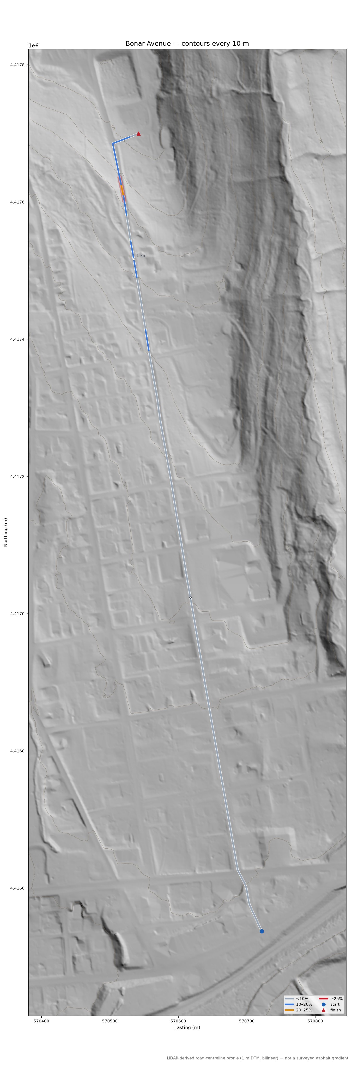 Bonar Avenue LiDAR hillshade map with contours