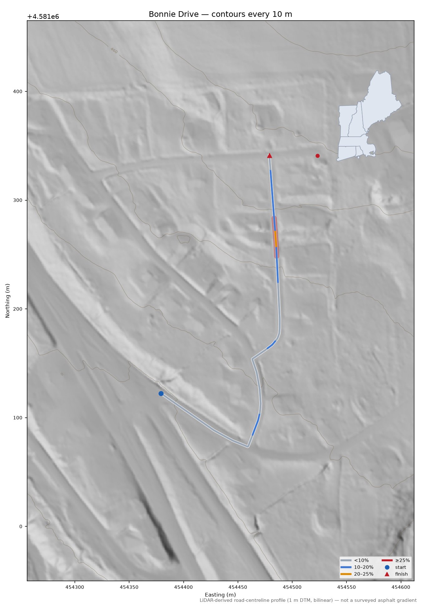 Bonnie Drive LiDAR hillshade map with contours