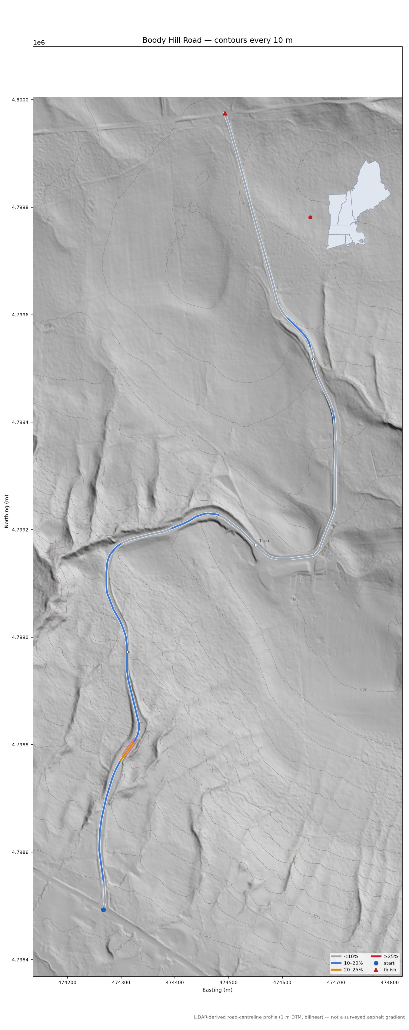 Boody Hill Road LiDAR hillshade map with contours