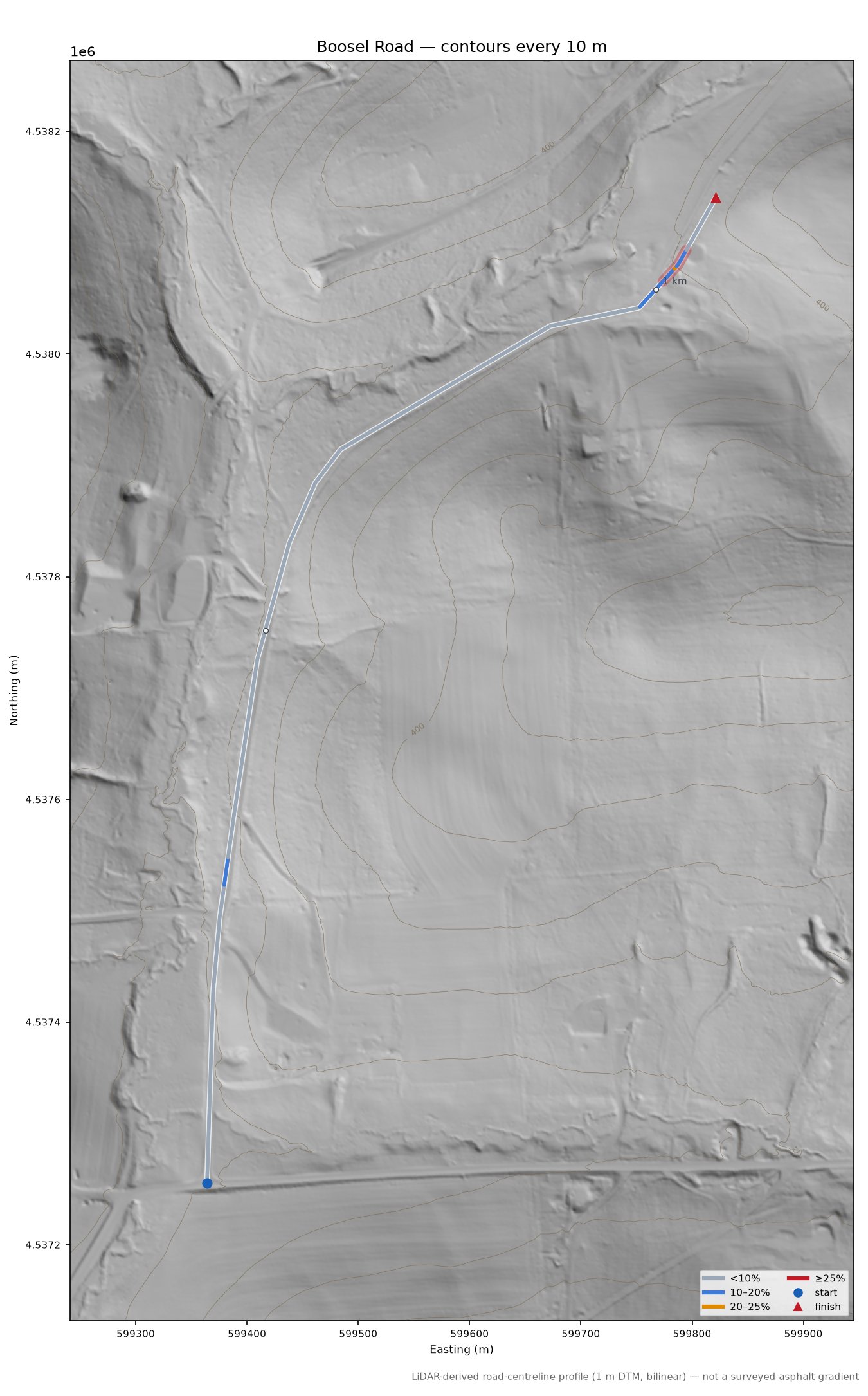 Boosel Road LiDAR hillshade map with contours