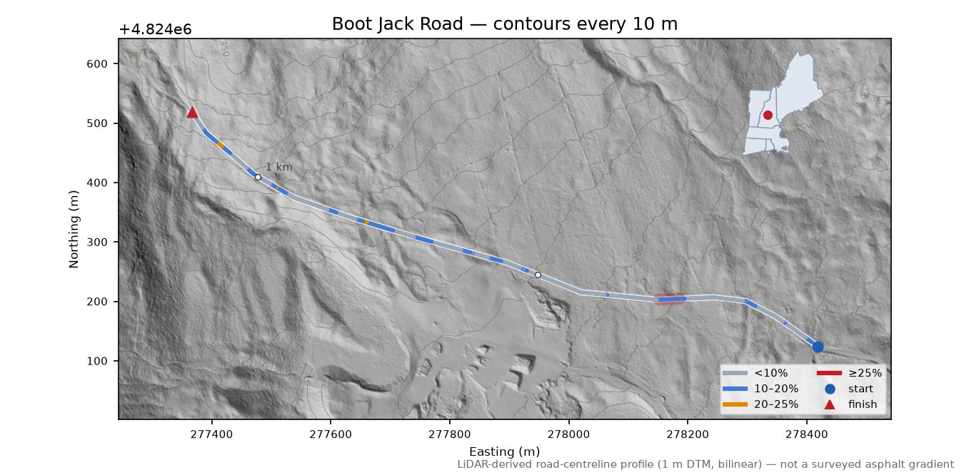 Boot Jack Road LiDAR hillshade map with contours